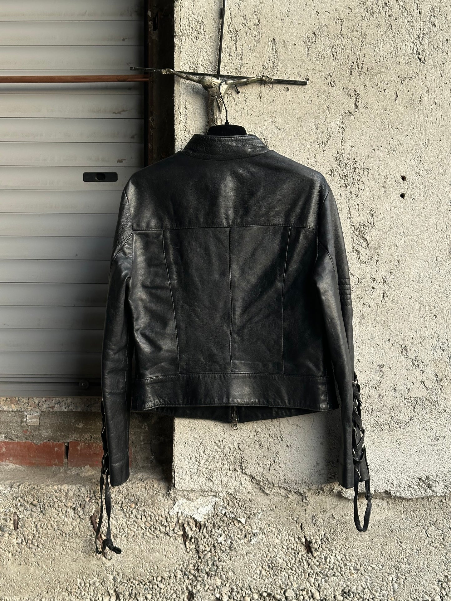BLACK LEATHER JACKET WITH SLEEVE LACE-UP