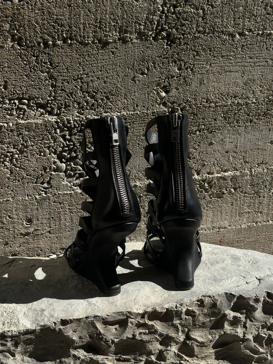 RICK OWENS NAUTILUS CANTILEVERED GLADIATOR WEDGE LEATHER SANDALS