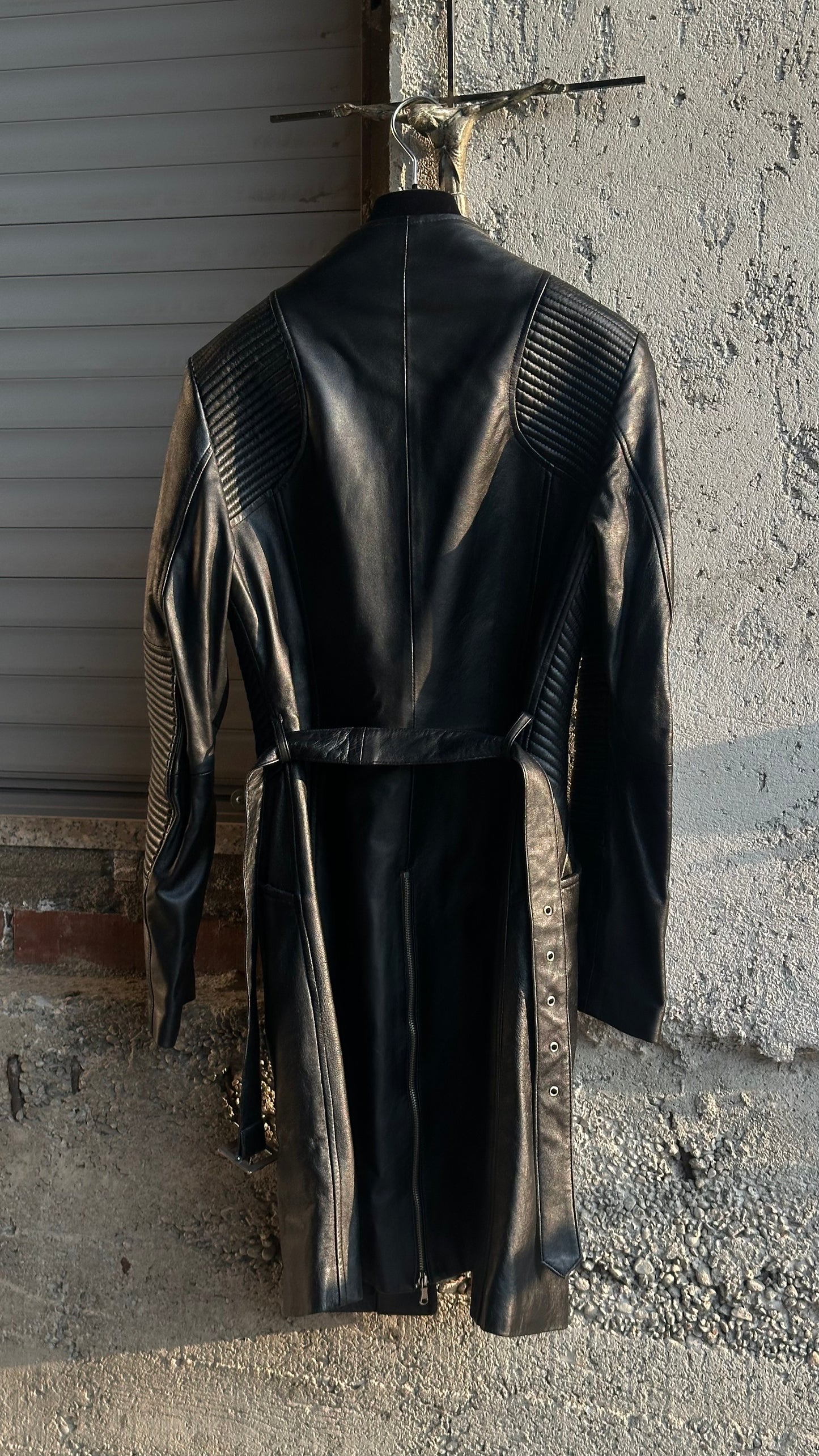 BLACK LEATHER MOTOR TRENCH COAT