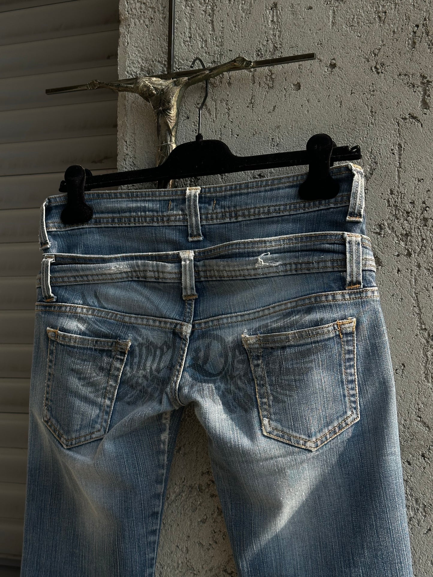 ANGEL AND DEVIL DOUBLE WAISTED DENIM PANTS