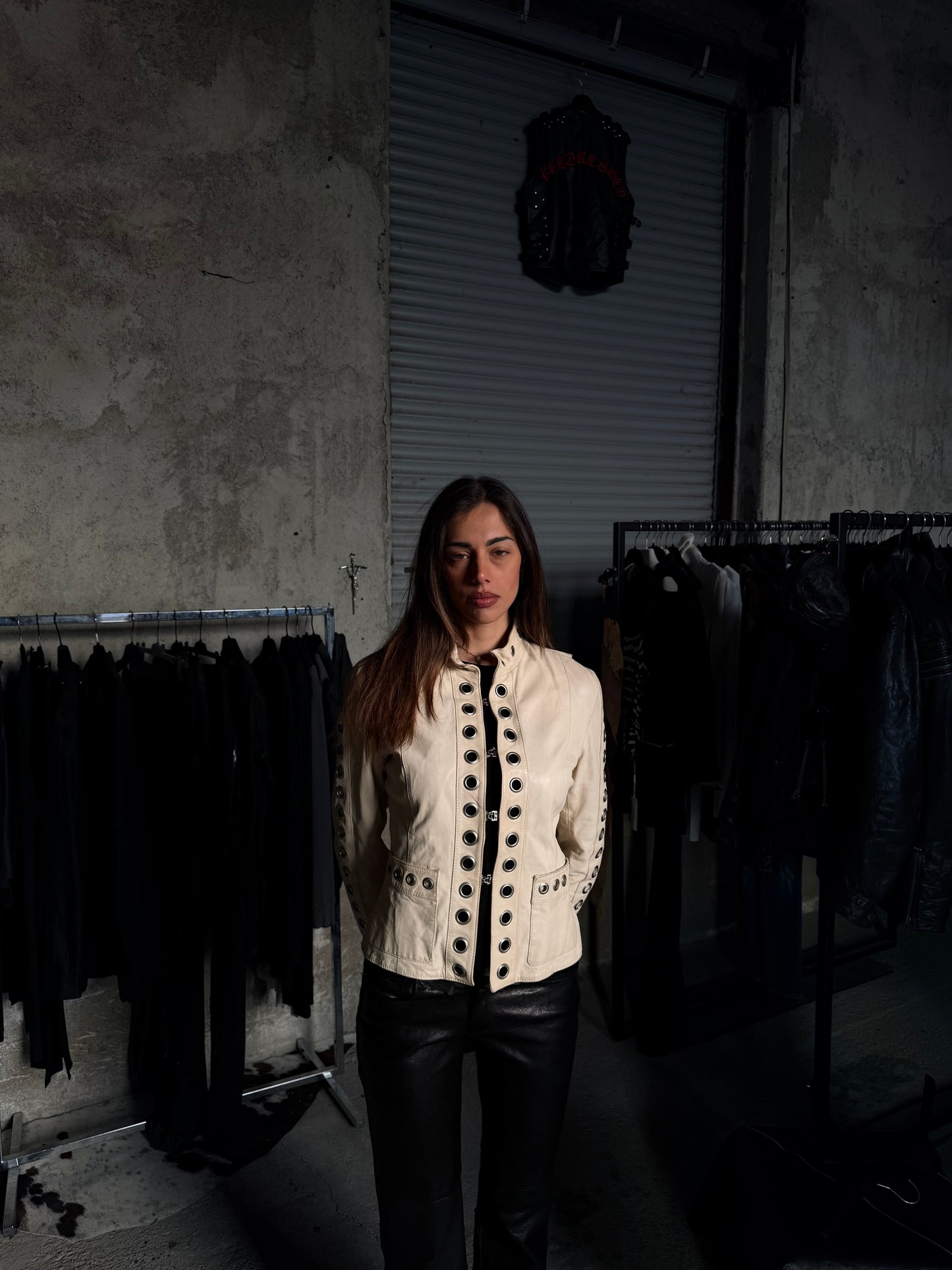 EYELETS IVORY LEATHER JACKET