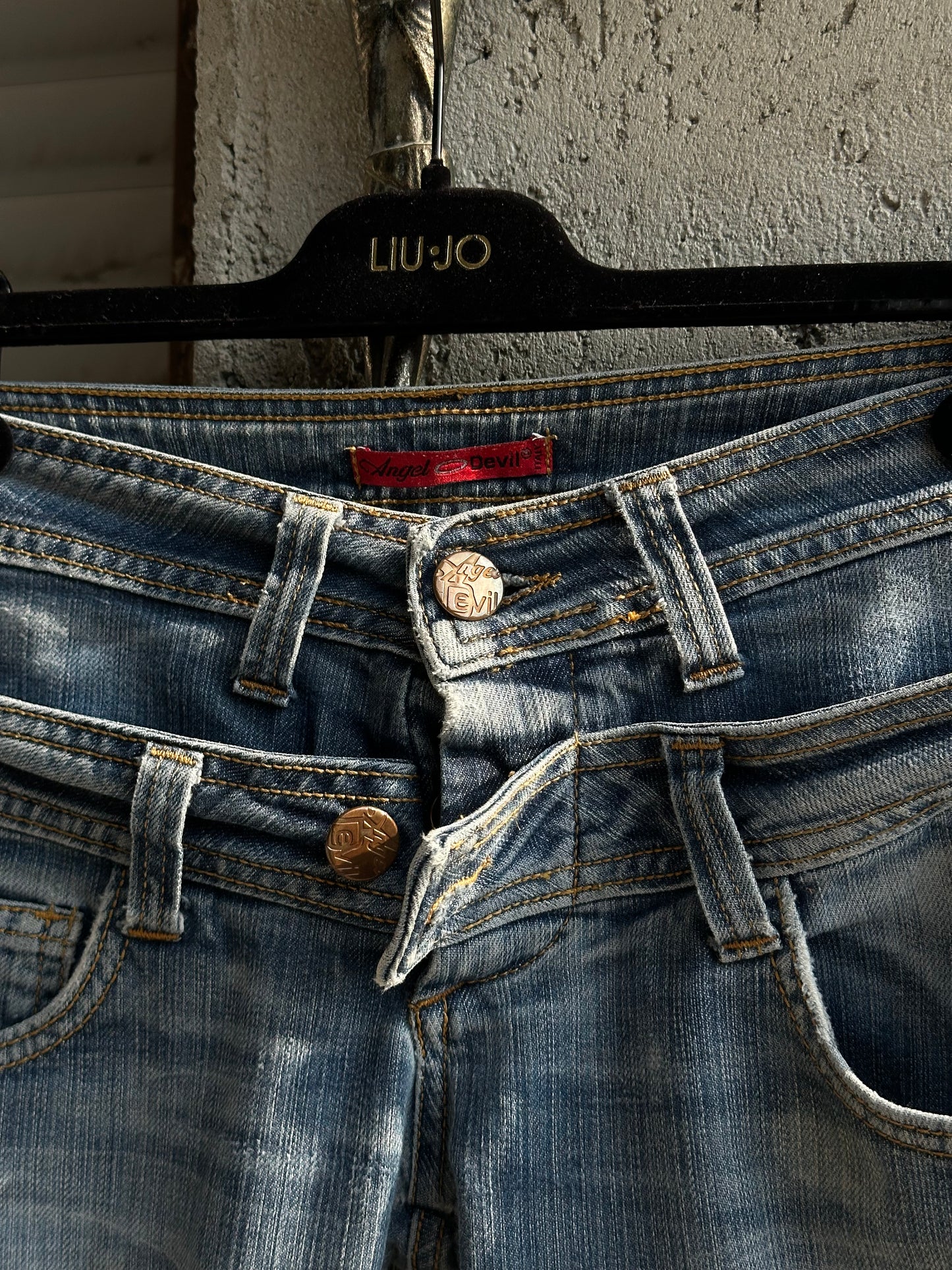 ANGEL AND DEVIL DOUBLE WAISTED DENIM PANTS