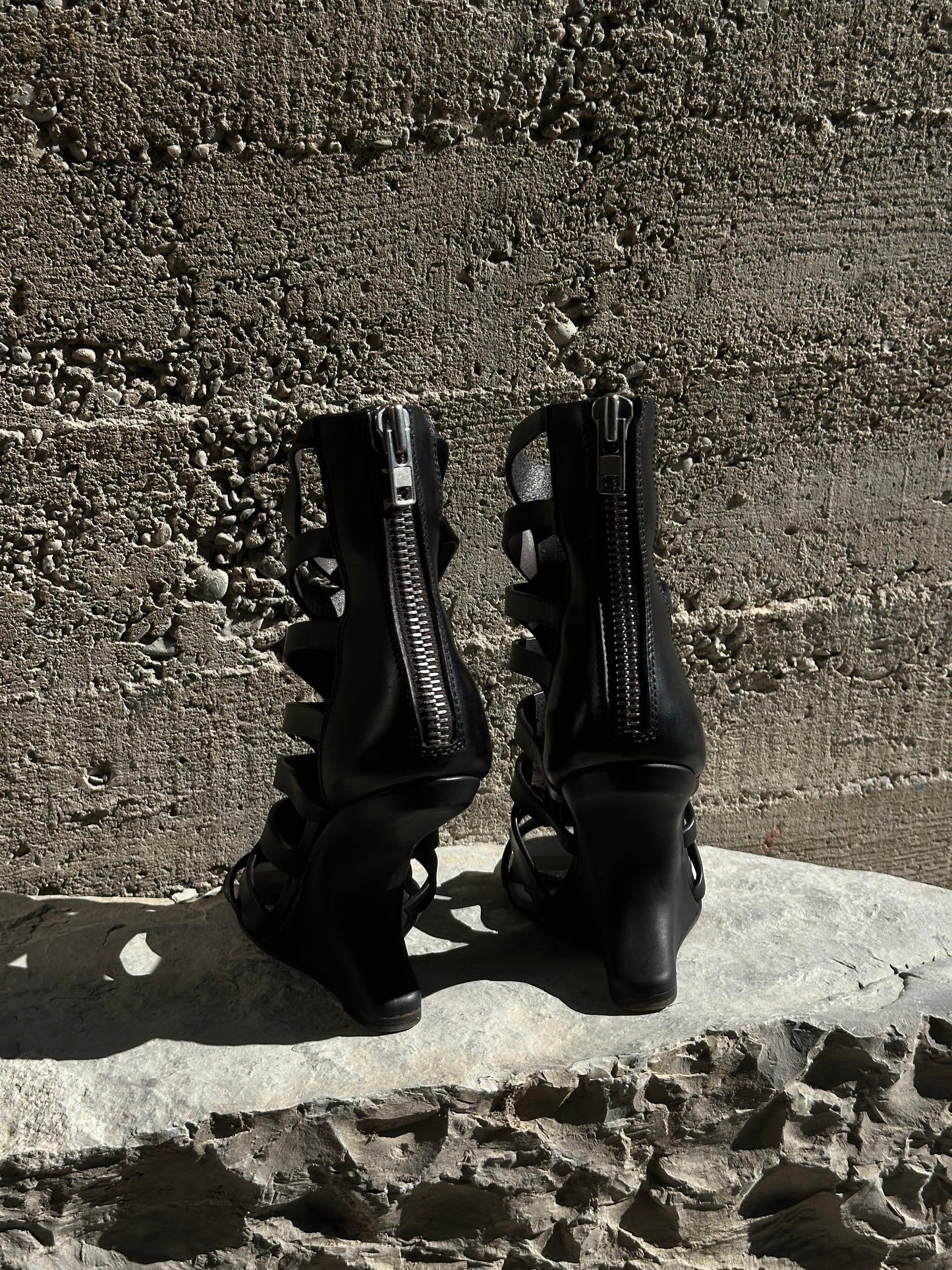 RICK OWENS NAUTILUS CANTILEVERED GLADIATOR WEDGE LEATHER SANDALS