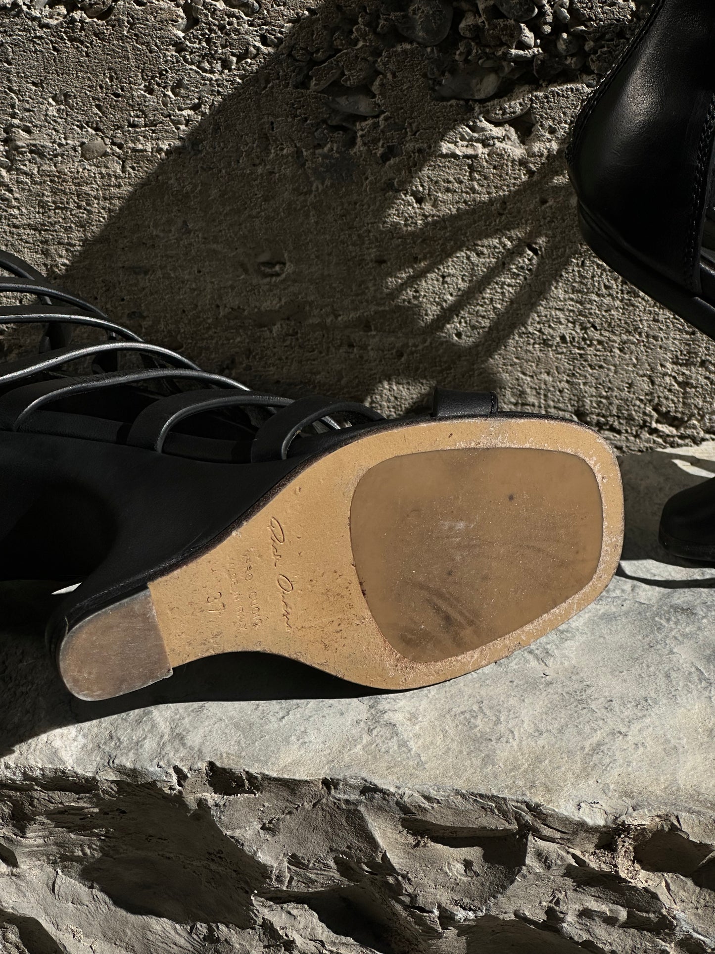 RICK OWENS NAUTILUS CANTILEVERED GLADIATOR WEDGE LEATHER SANDALS