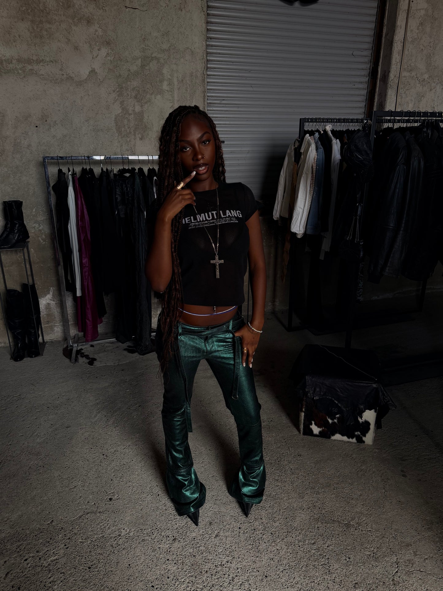 DIESEL SNAKE SKIN LEATHER FLARED PANTS