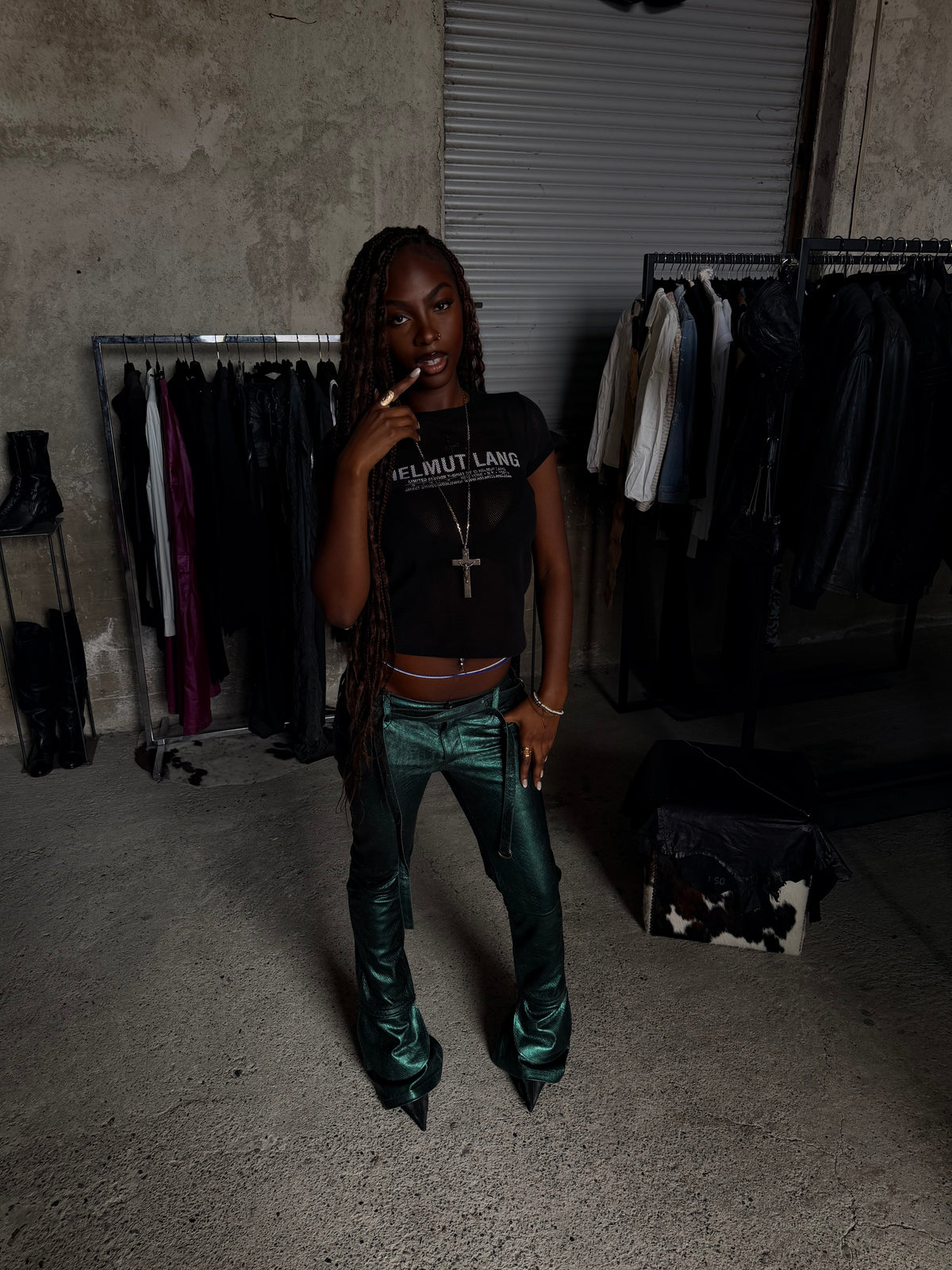 DIESEL SNAKESKIN LEATHER FLARED PANTS