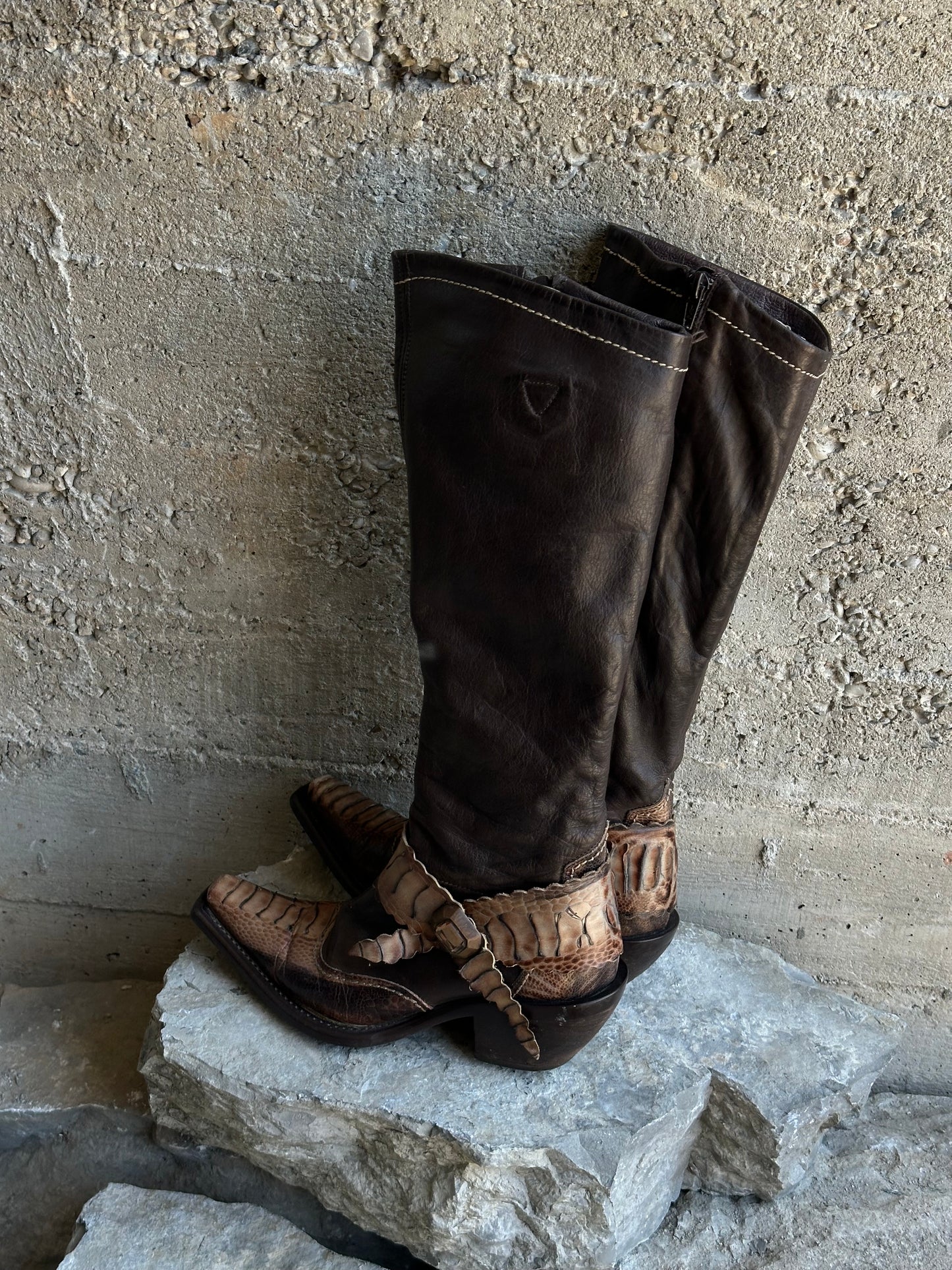 SNAKESKIN WASHED BROWN LEATHER BOOTS