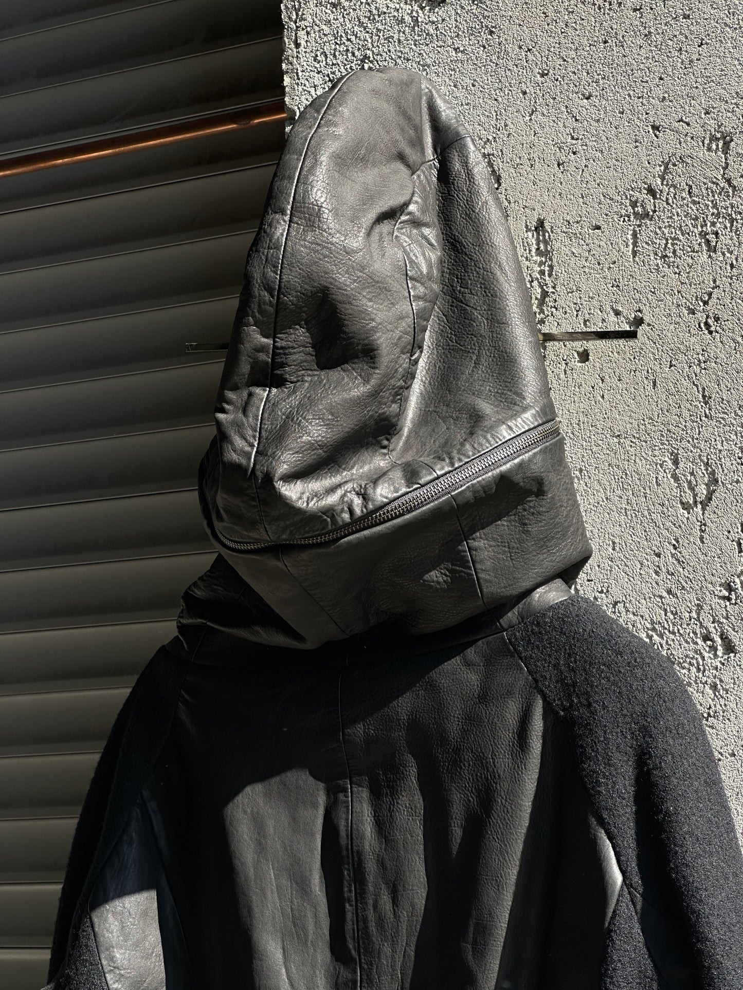 GIORGIO ARMANI LEATHER AND WOOL HOODED JACKET