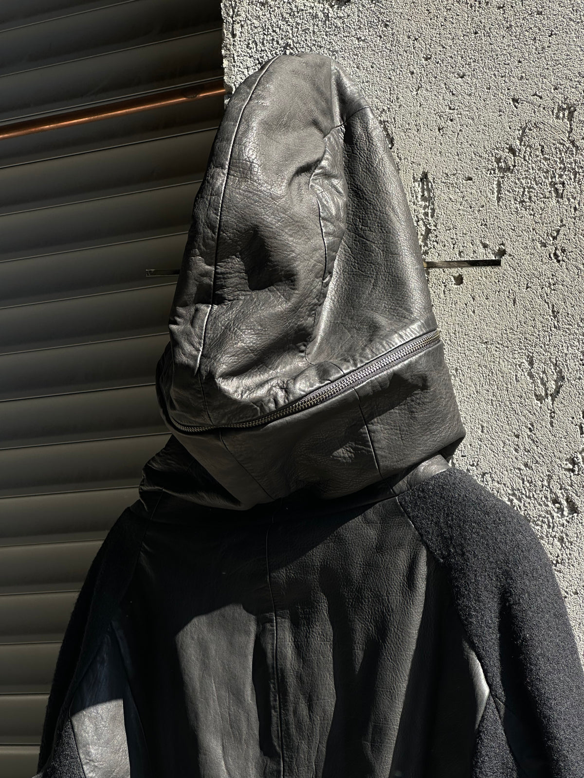 GIORGIO ARMANI LEATHER AND WOOL HOODED JACKET