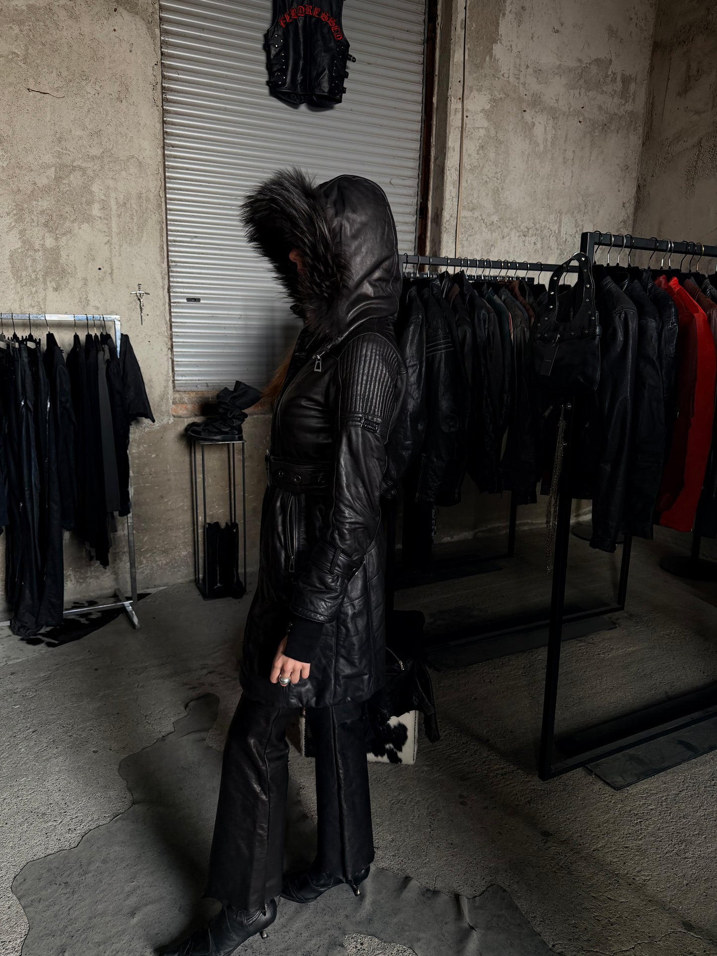 MOTOR LEATHER HOODED FUR COAT