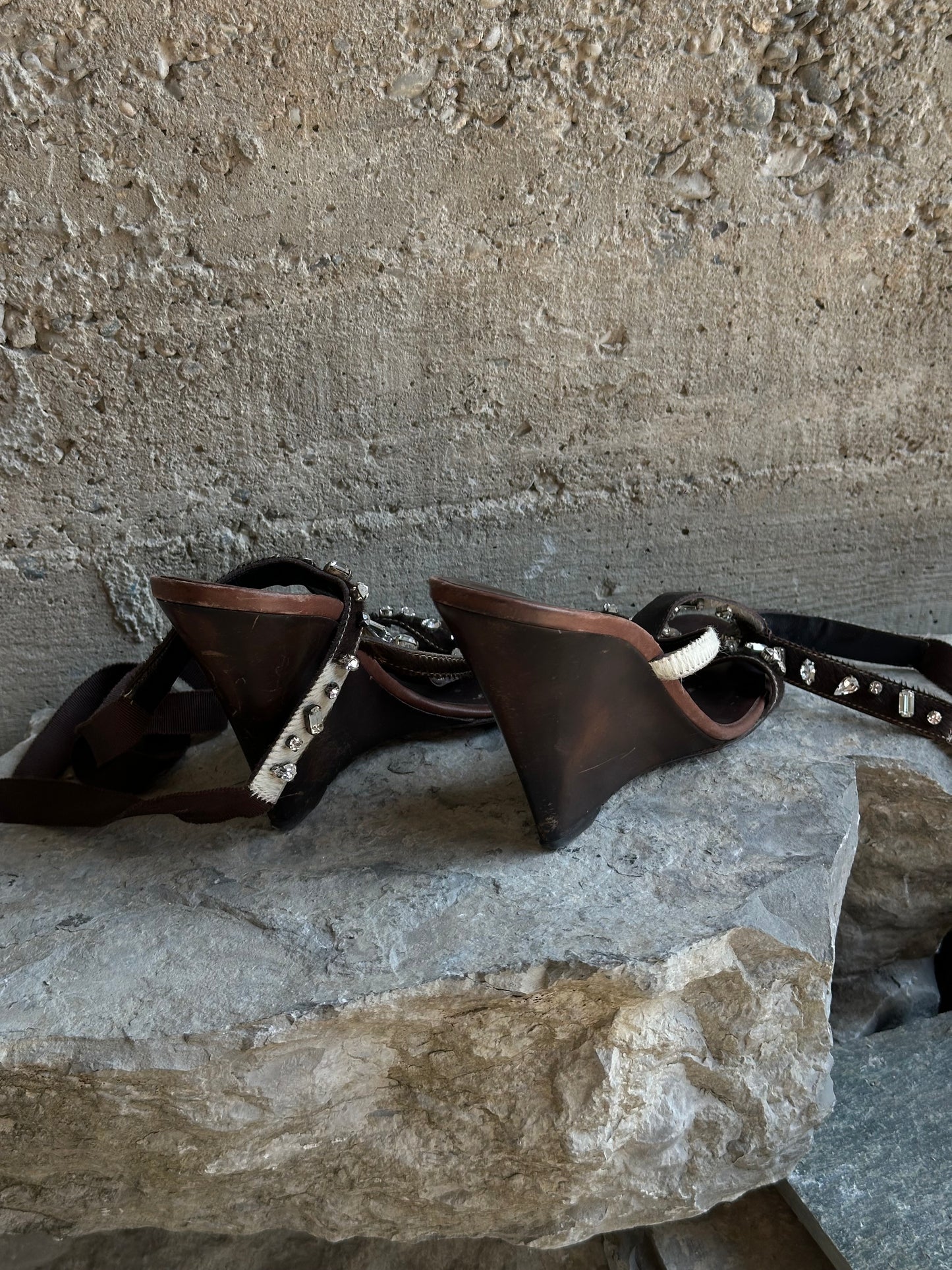 GIUSEPPE ZANOTTI WEDGE PONYHAIR GLADIATOR SANDALS