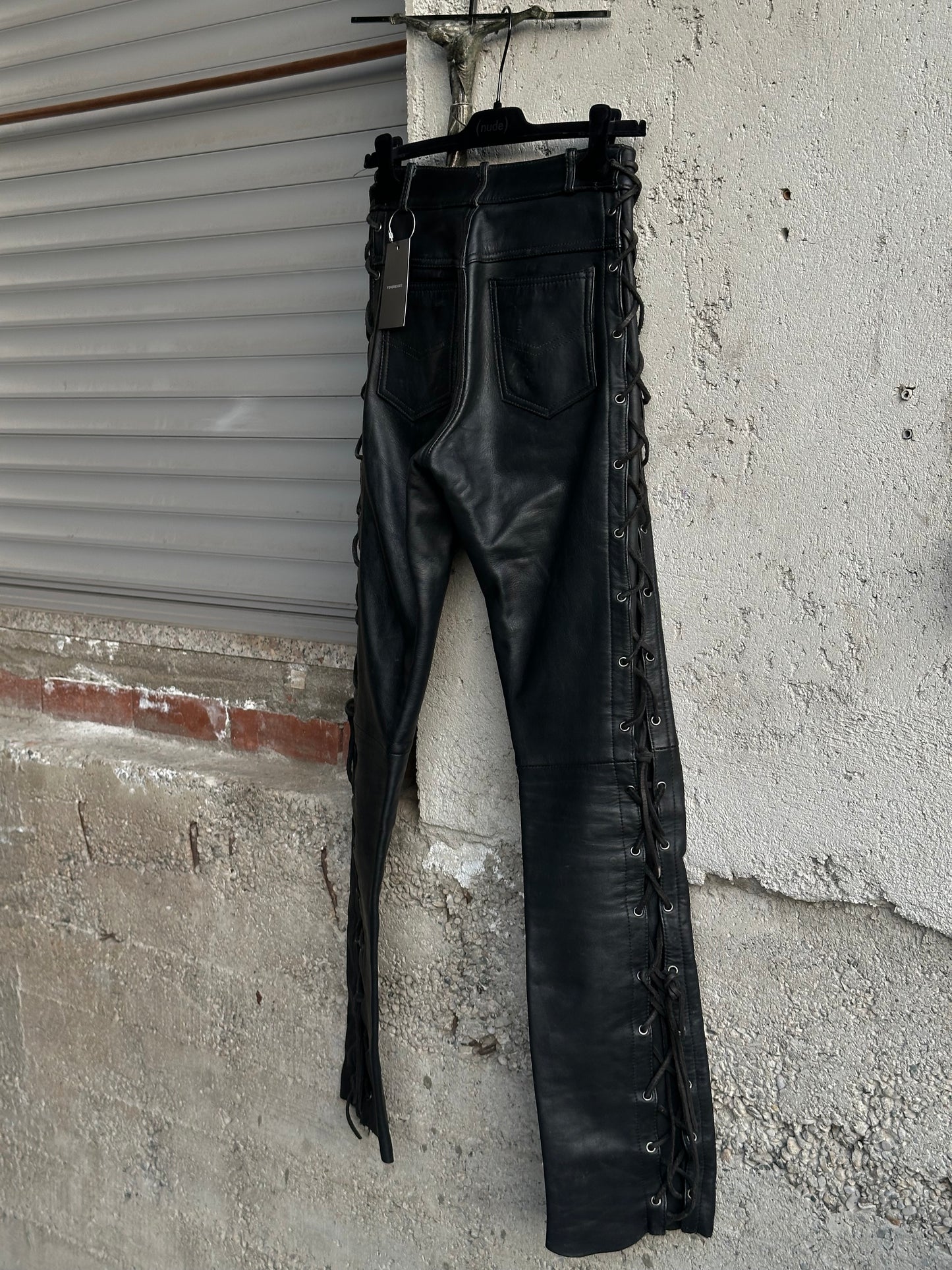 MOTOR LEATHER TROUSERS WITH SIDE LACE-UP DETAIL