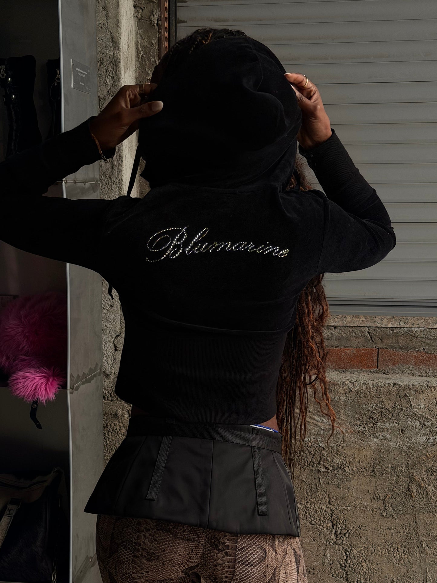 BLUMARINE RHINESTONES CROP HOODIE