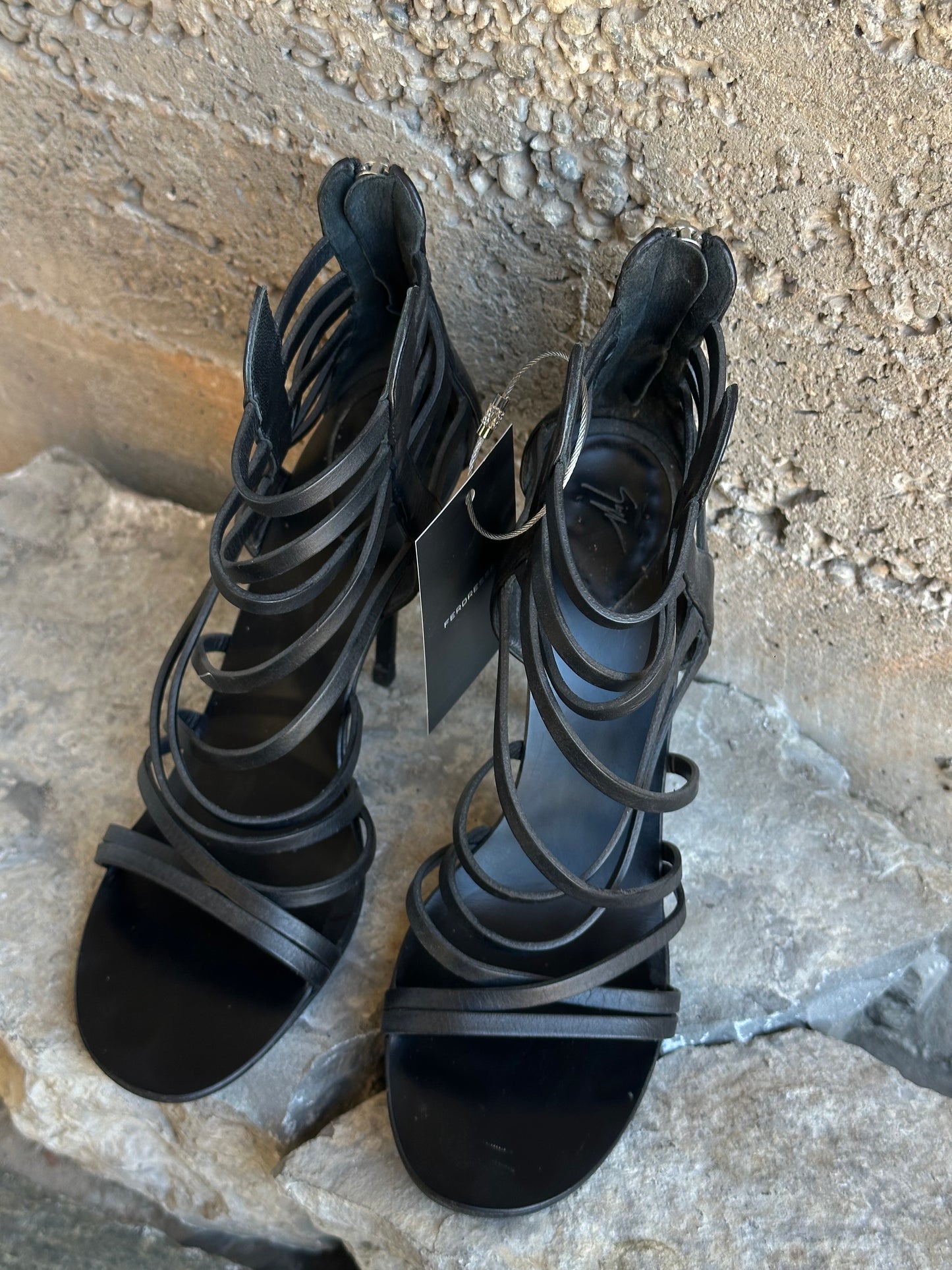 GIUSEPPE ZANOTTI LEATHER STRIPES GLADIATOR HEELS