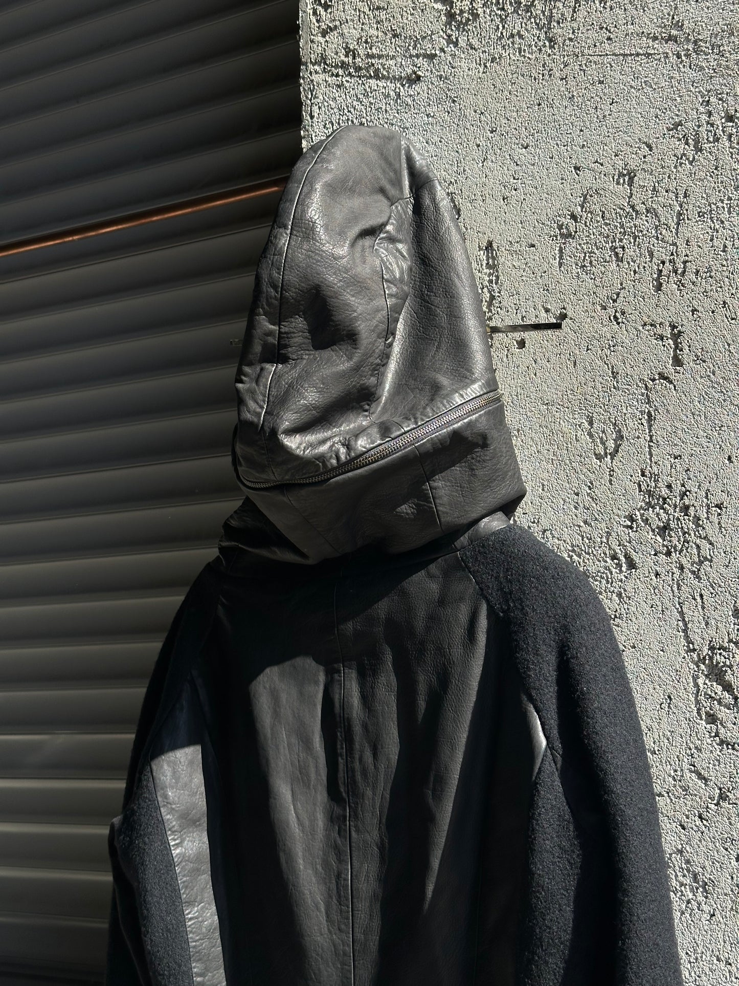 GIORGIO ARMANI LEATHER AND WOOL HOODED JACKET