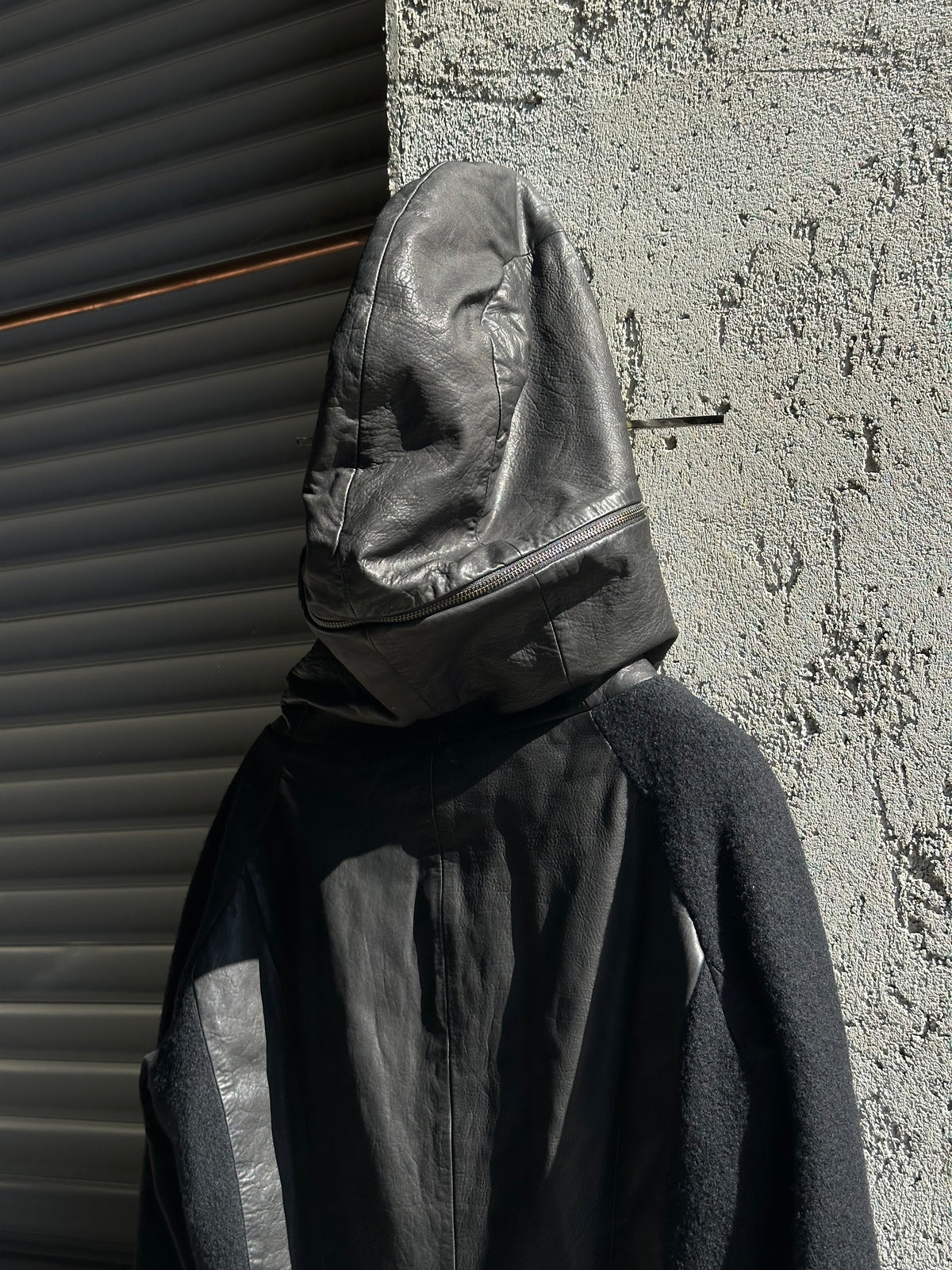 GIORGIO ARMANI LEATHER AND WOOL HOODED JACKET
