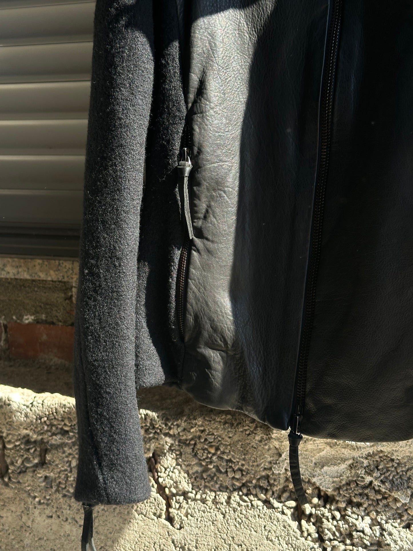 GIORGIO ARMANI LEATHER AND WOOL HOODED JACKET