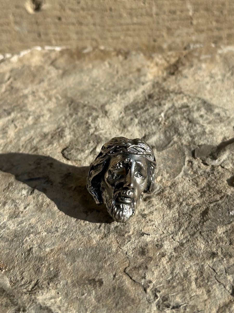 RELIC OF CHRIST WITH BLACK STONES SILVER RING BY V