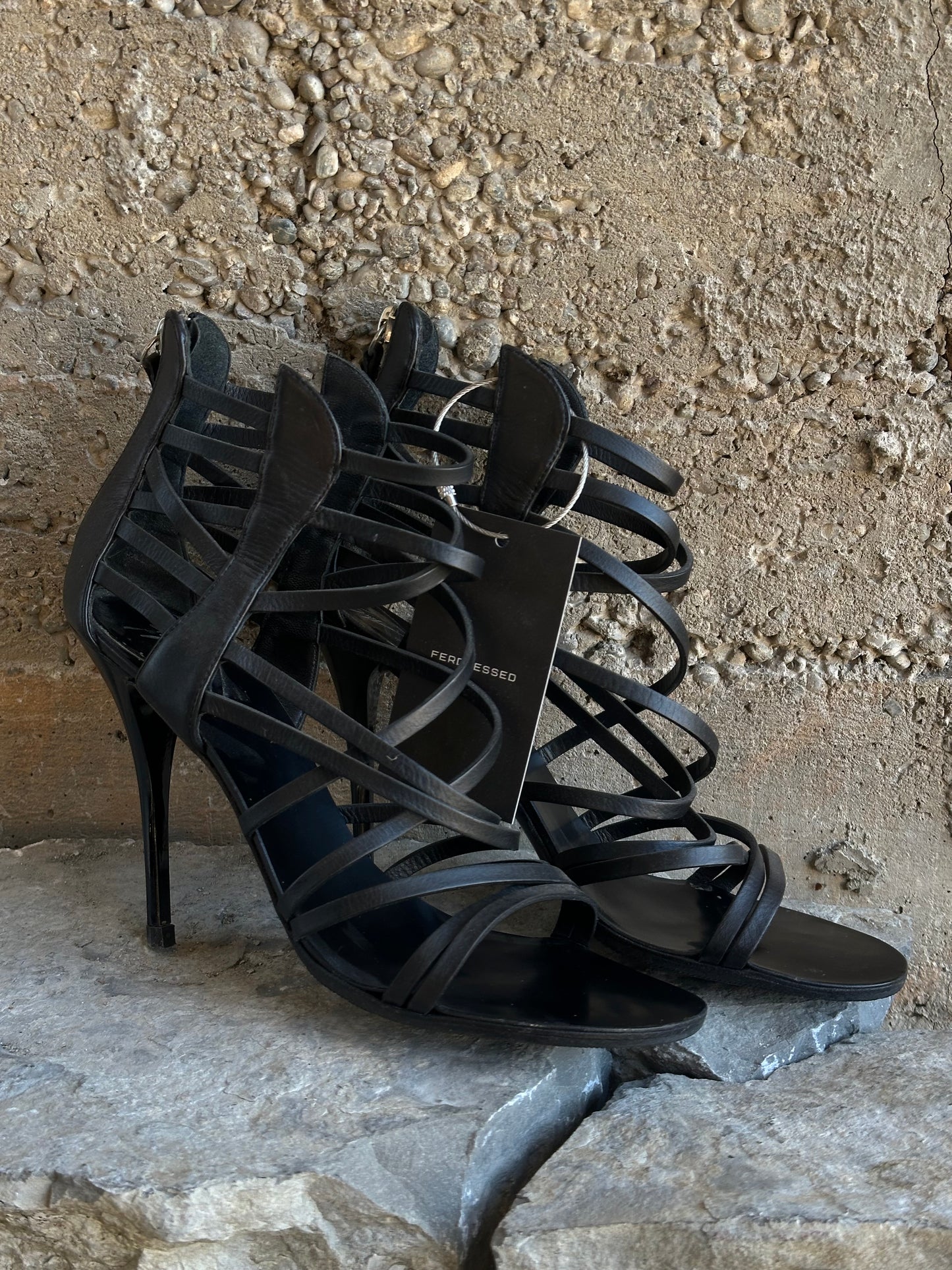 GIUSEPPE ZANOTTI LEATHER STRIPES GLADIATOR HEELS