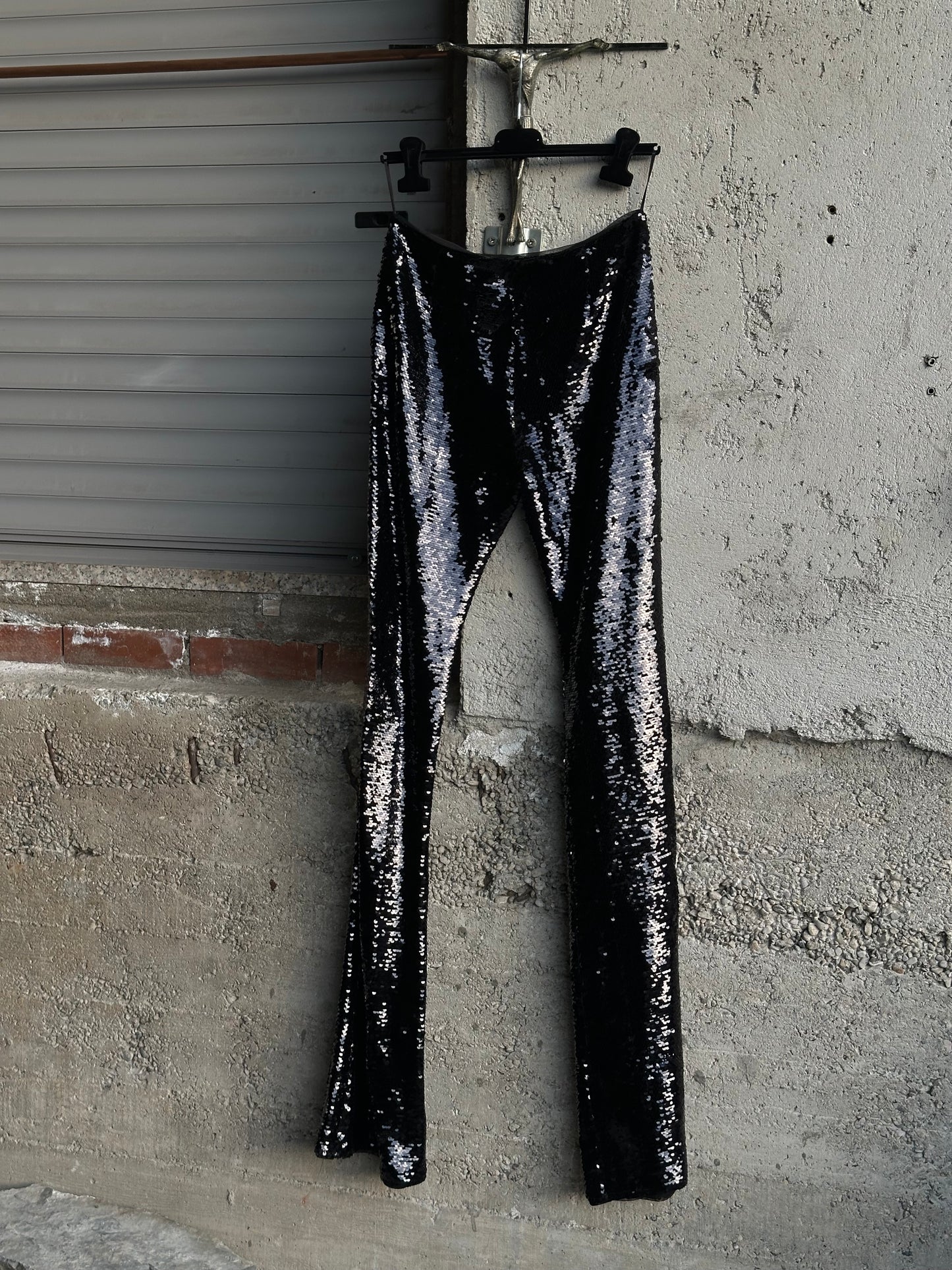 BLUMARINE PAILLETTES FLARED BLACK PANTS