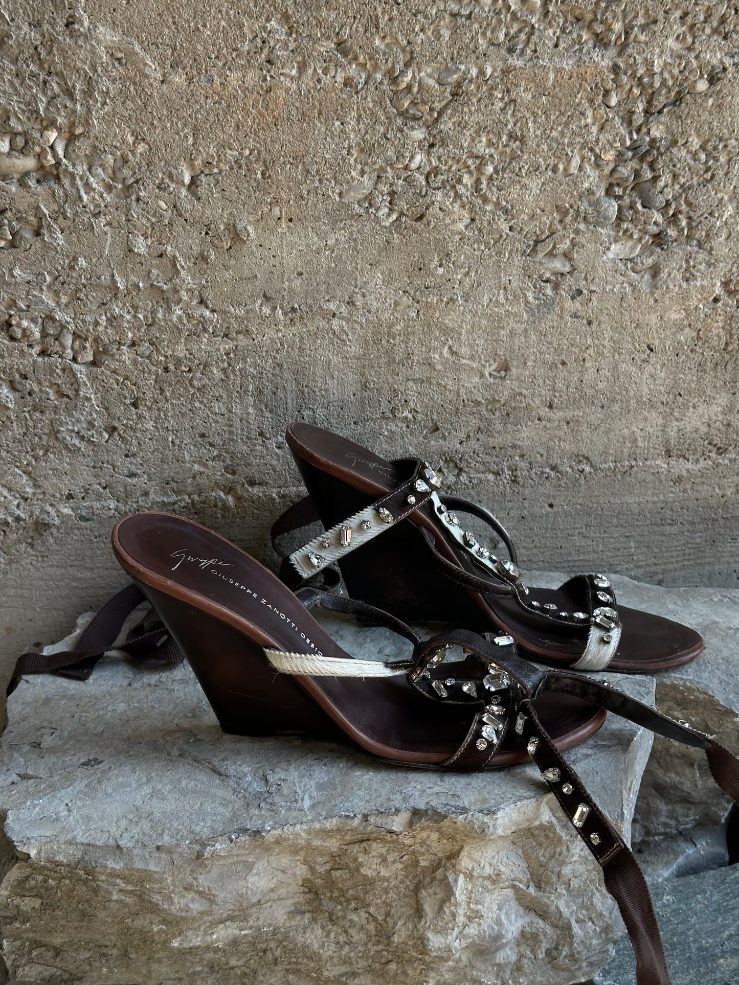 GIUSEPPE ZANOTTI WEDGE PONYHAIR GLADIATOR SANDALS