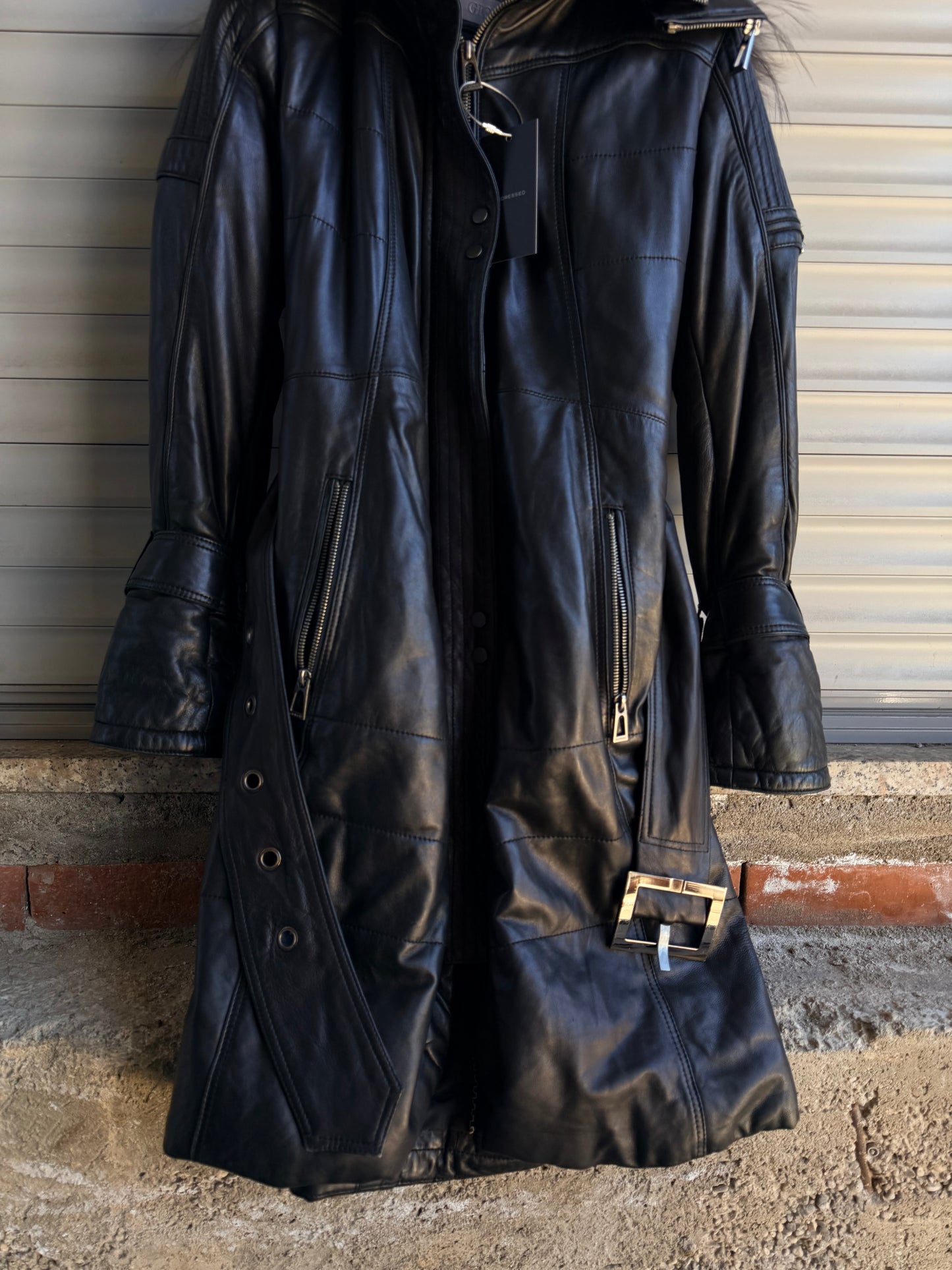 MOTOR LEATHER HOODED FUR COAT