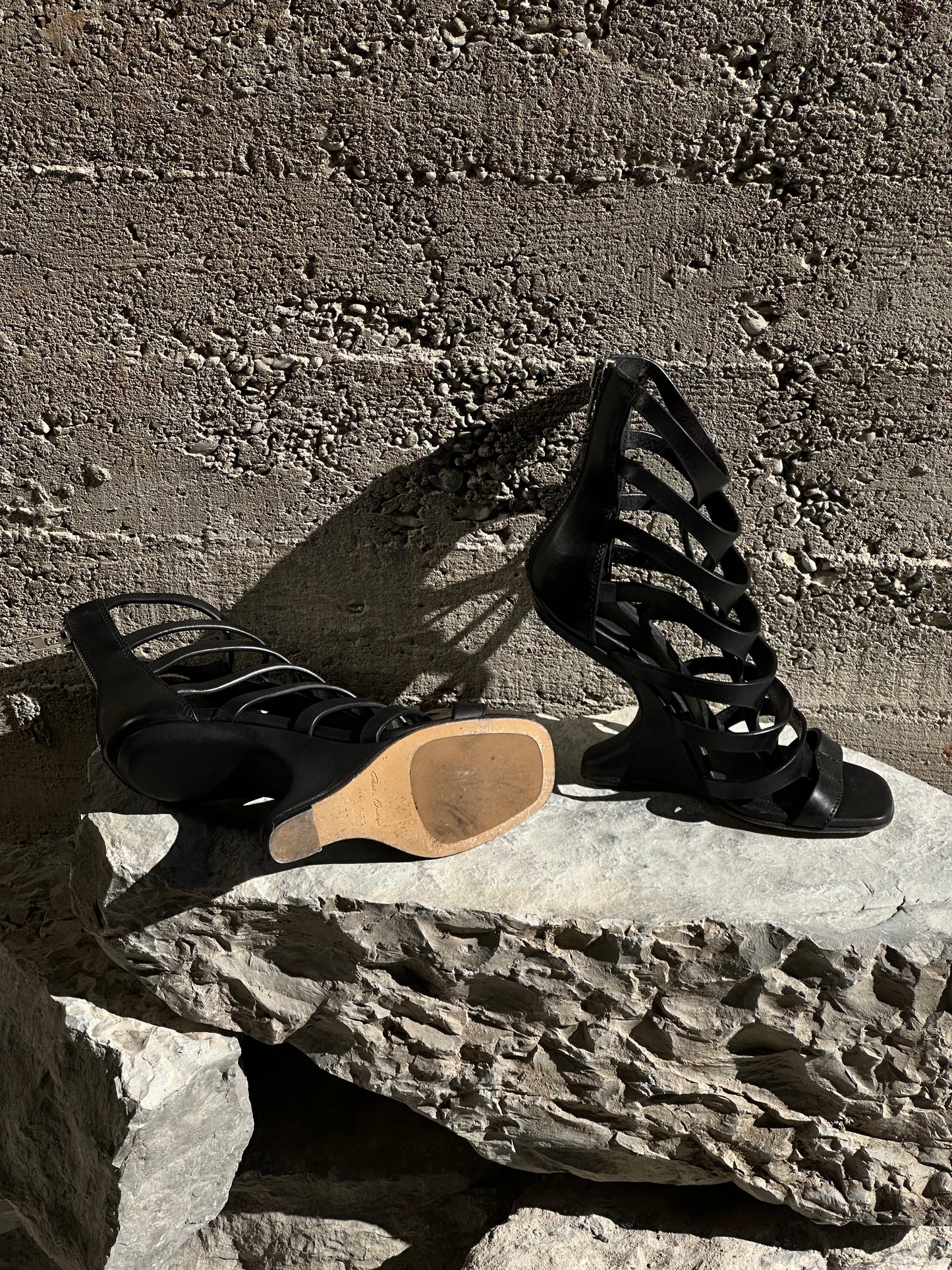 RICK OWENS NAUTILUS CANTILEVERED GLADIATOR WEDGE LEATHER SANDALS
