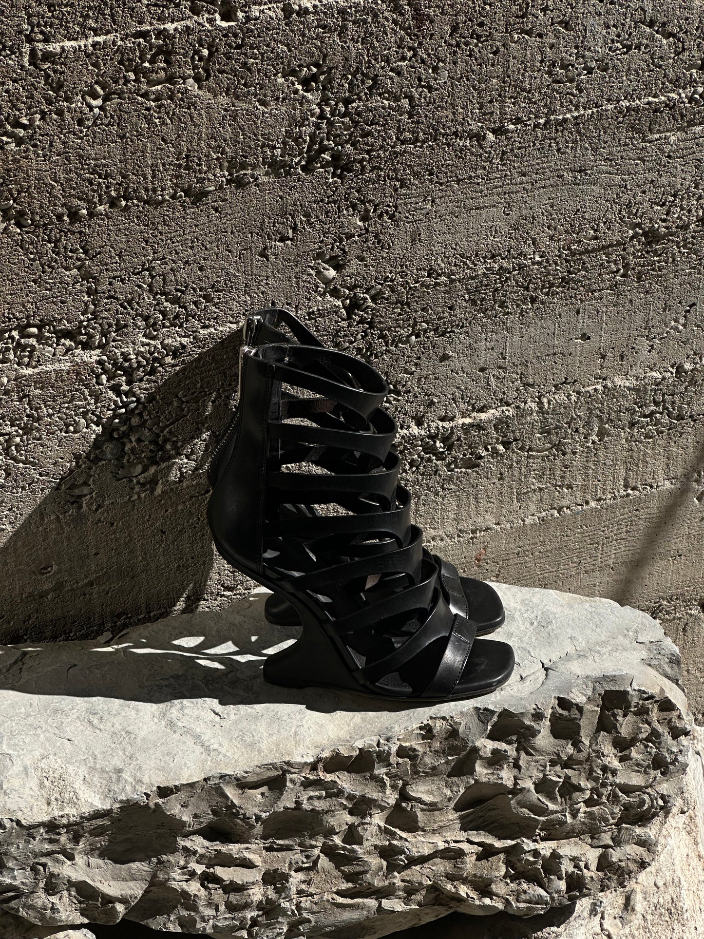 RICK OWENS NAUTILUS CANTILEVERED GLADIATOR WEDGE LEATHER SANDALS