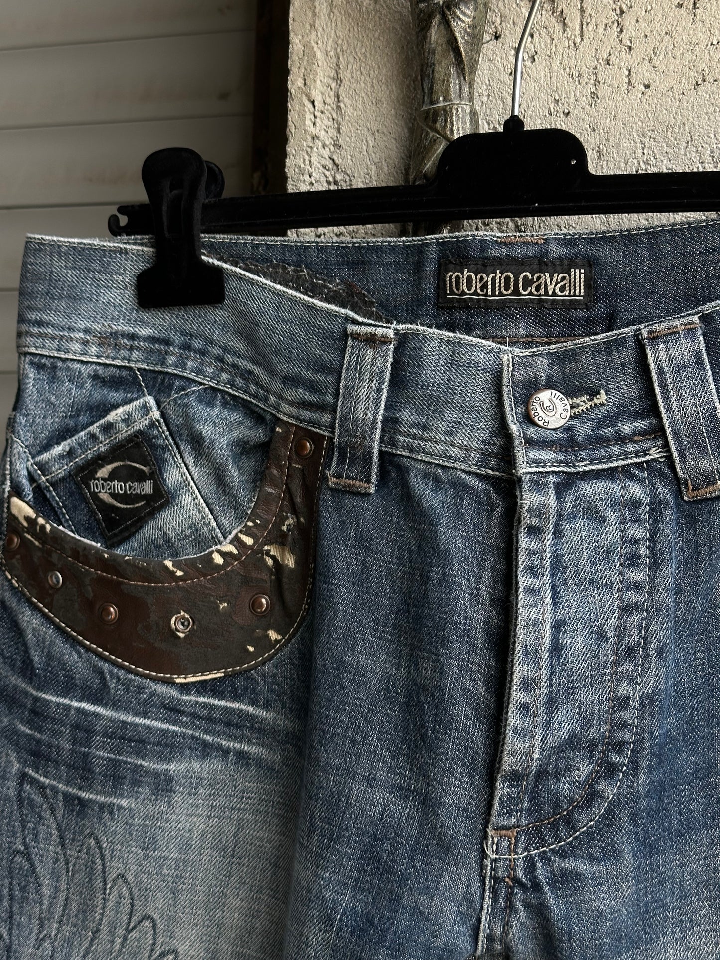 ROBERTO CAVALLI FLARED DENIM WITH BRWON LEATHER AND SUEDE