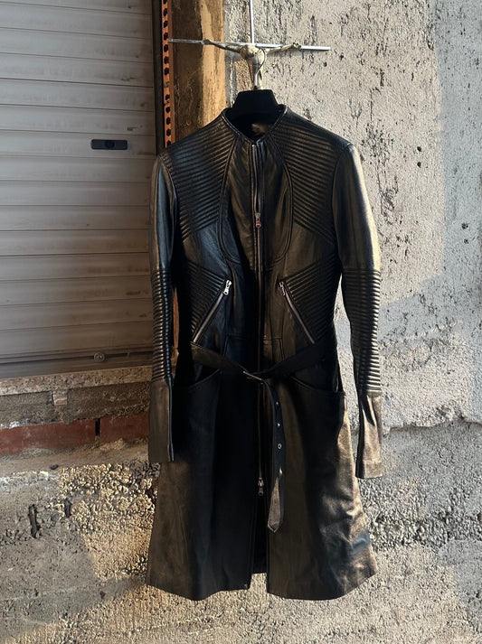 BLACK LEATHER MOTOR TRENCH COAT