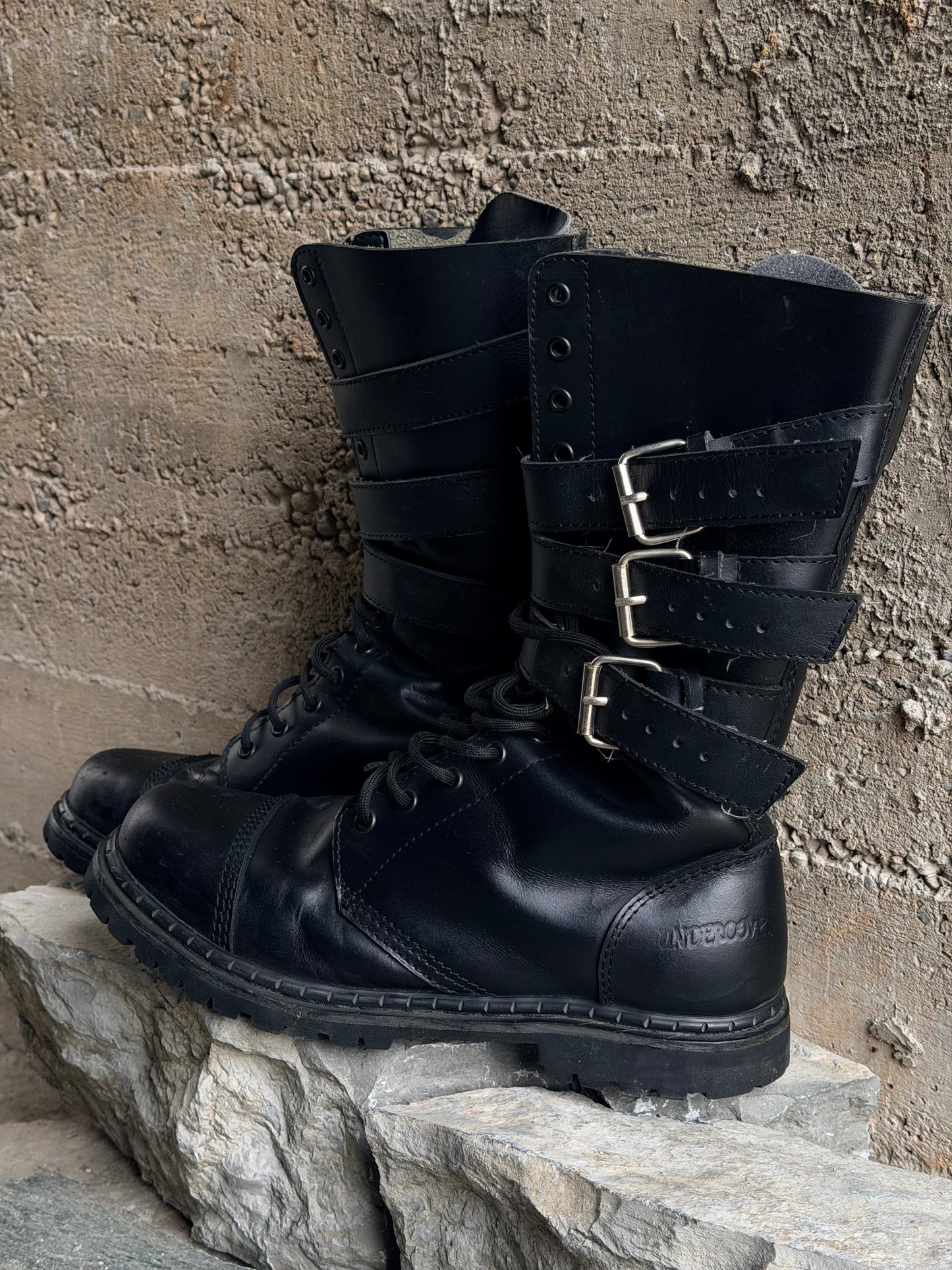 UNDERCOVER LEATHER BELTED BOOTS