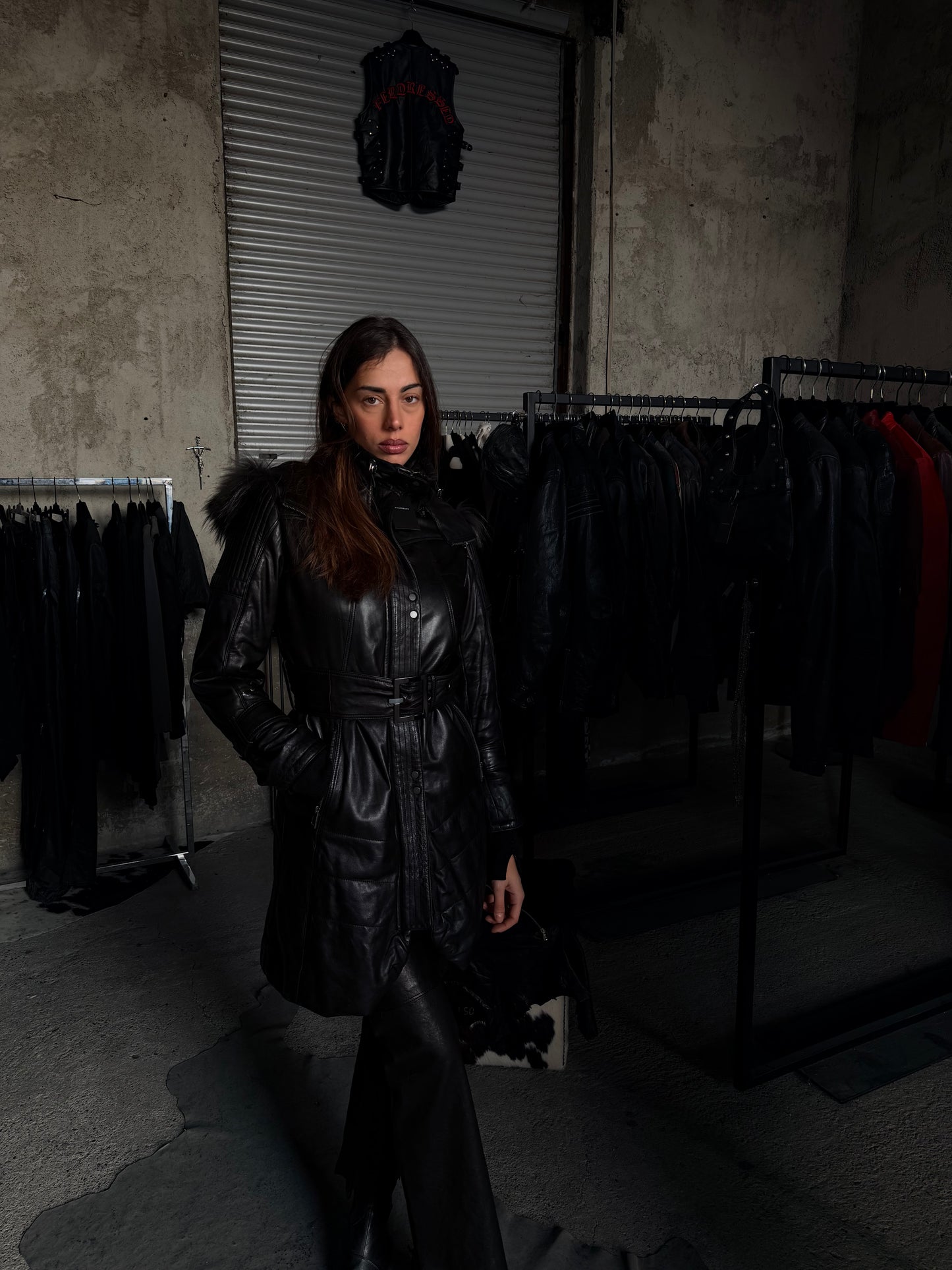 MOTOR LEATHER HOODED FUR COAT