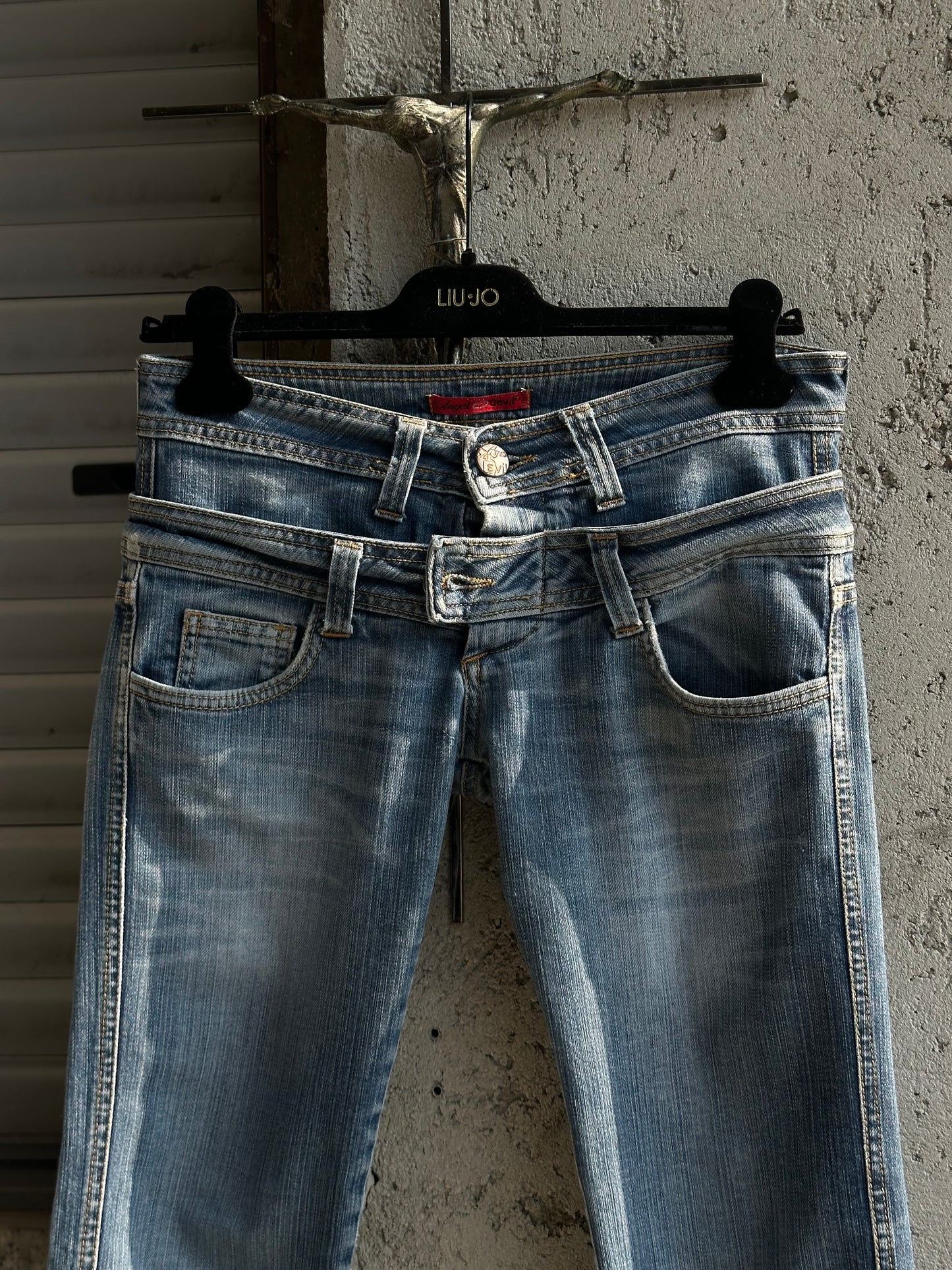 ANGEL AND DEVIL DOUBLE WAISTED DENIM PANTS