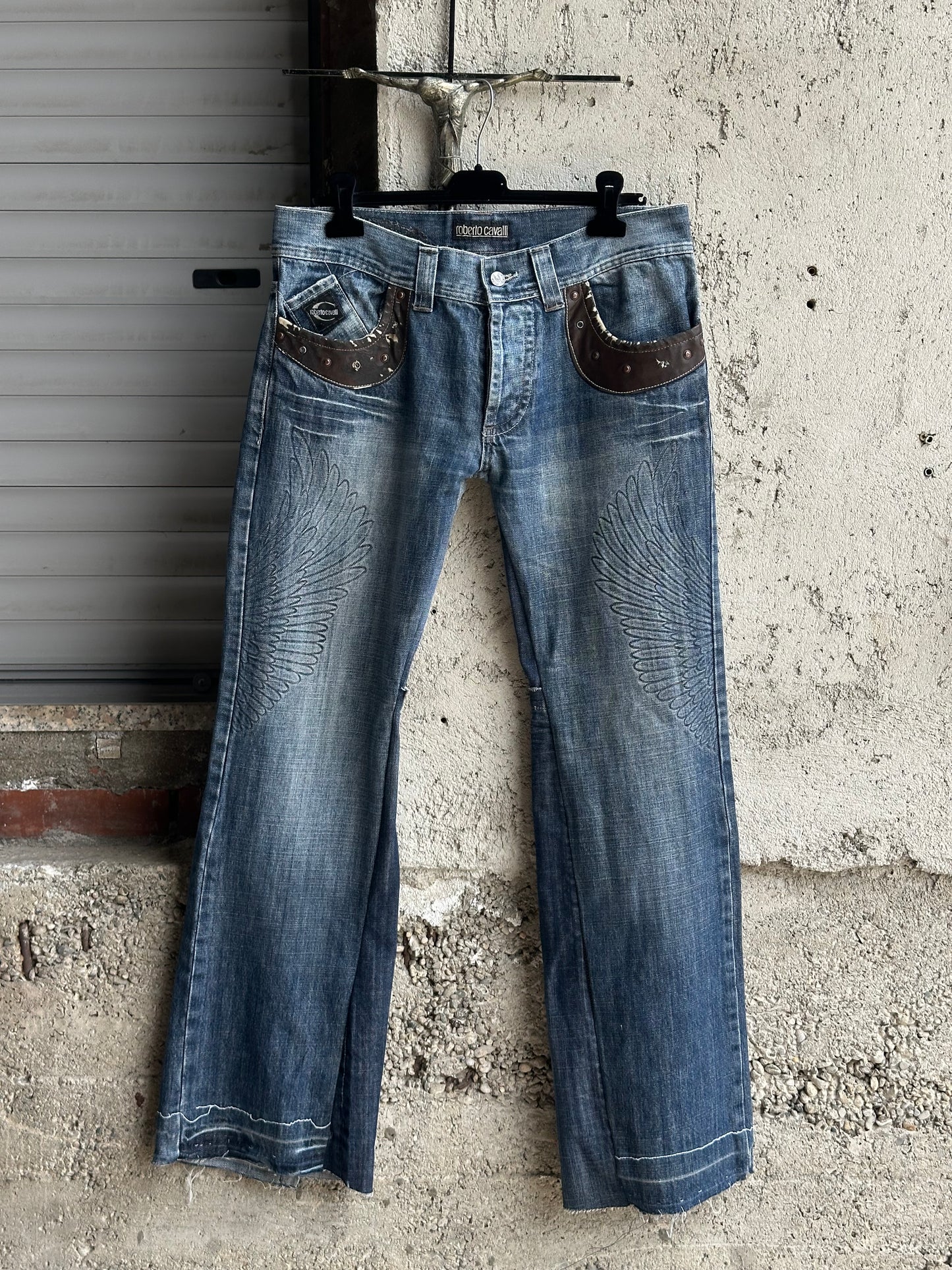 ROBERTO CAVALLI FLARED DENIM WITH BRWON LEATHER AND SUEDE