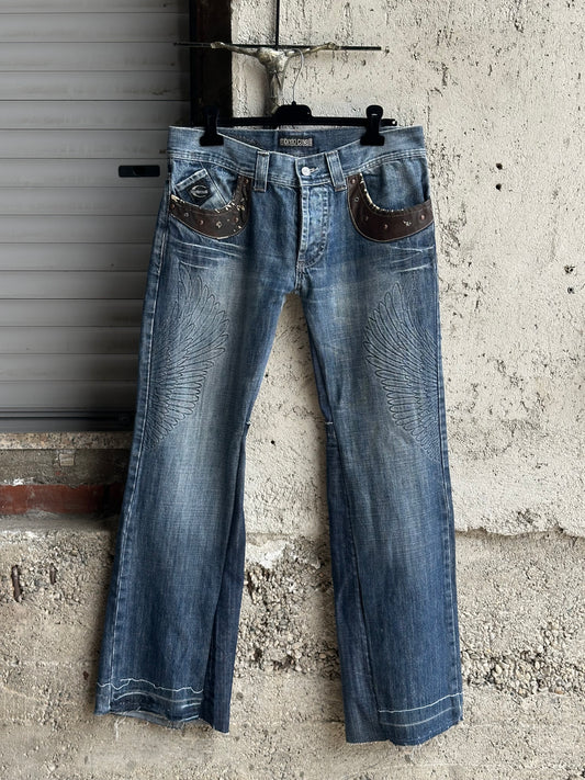ROBERTO CAVALLI FLARED DENIM WITH BRWON LEATHER AND SUEDE