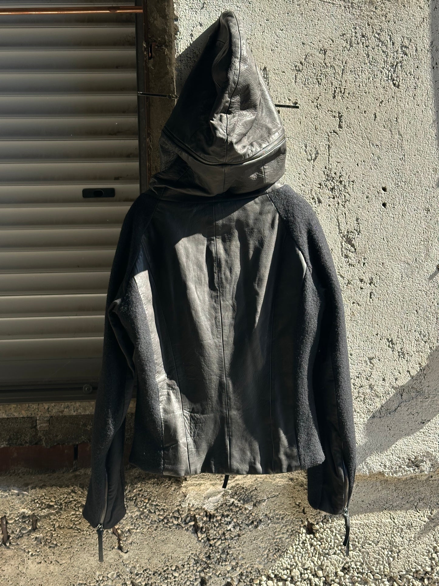 GIORGIO ARMANI LEATHER AND WOOL HOODED JACKET