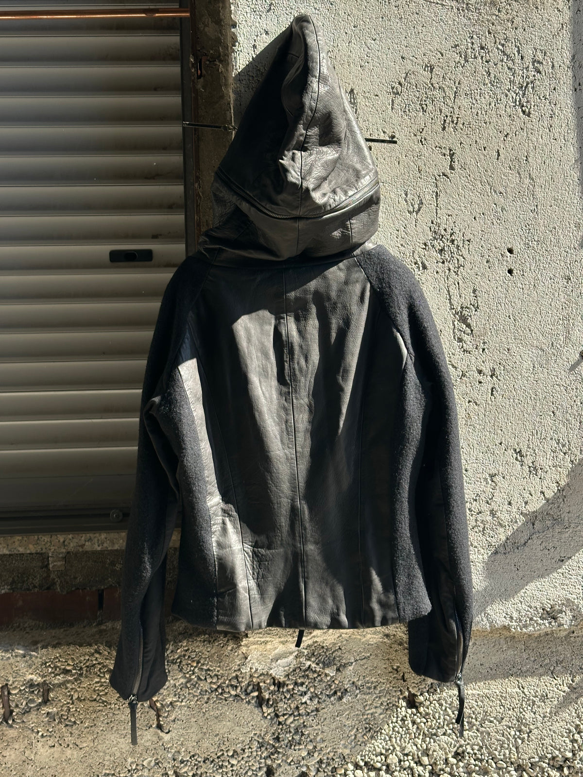 GIORGIO ARMANI LEATHER AND WOOL HOODED JACKET