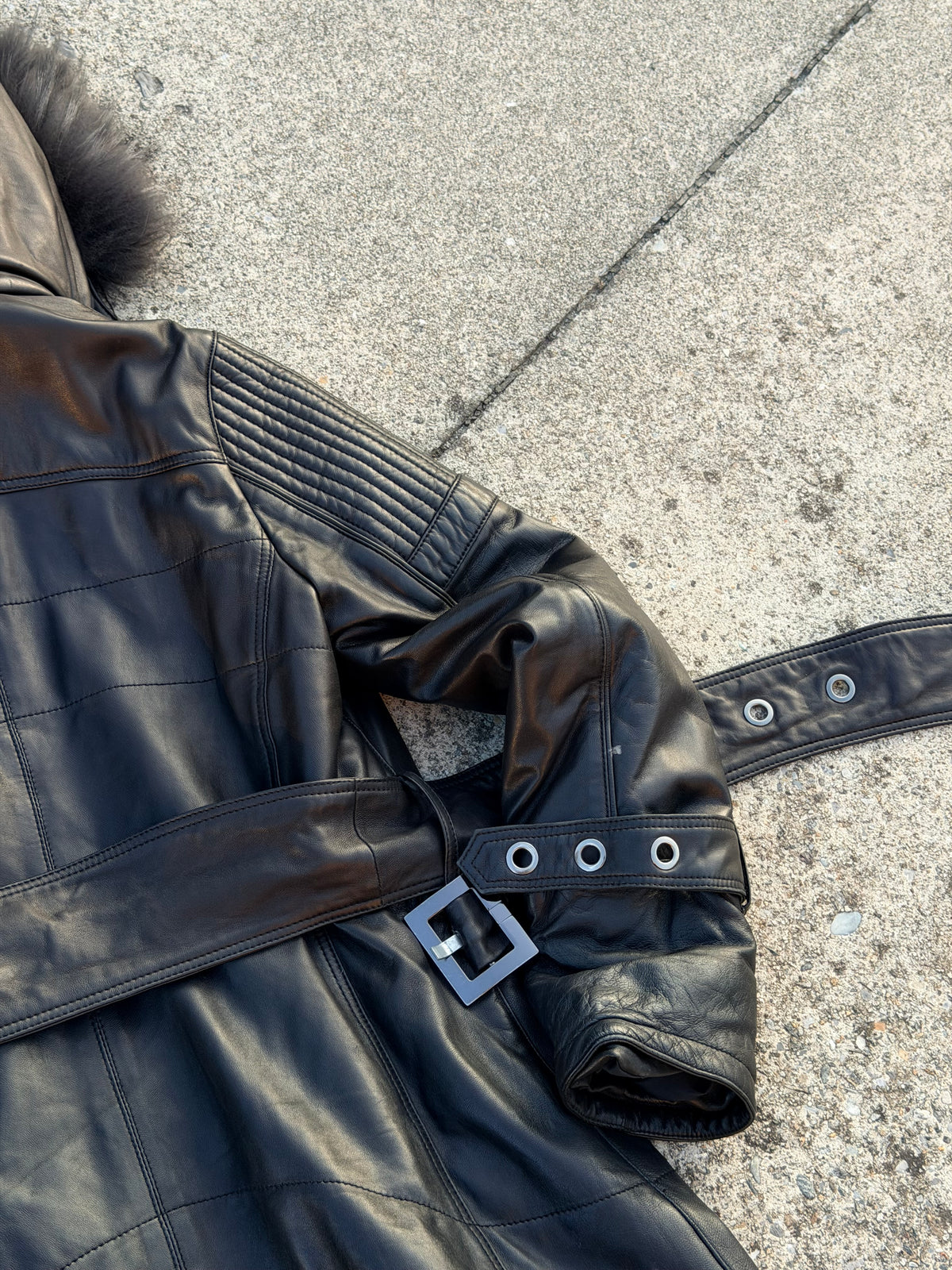 MOTOR LEATHER HOODED FUR COAT