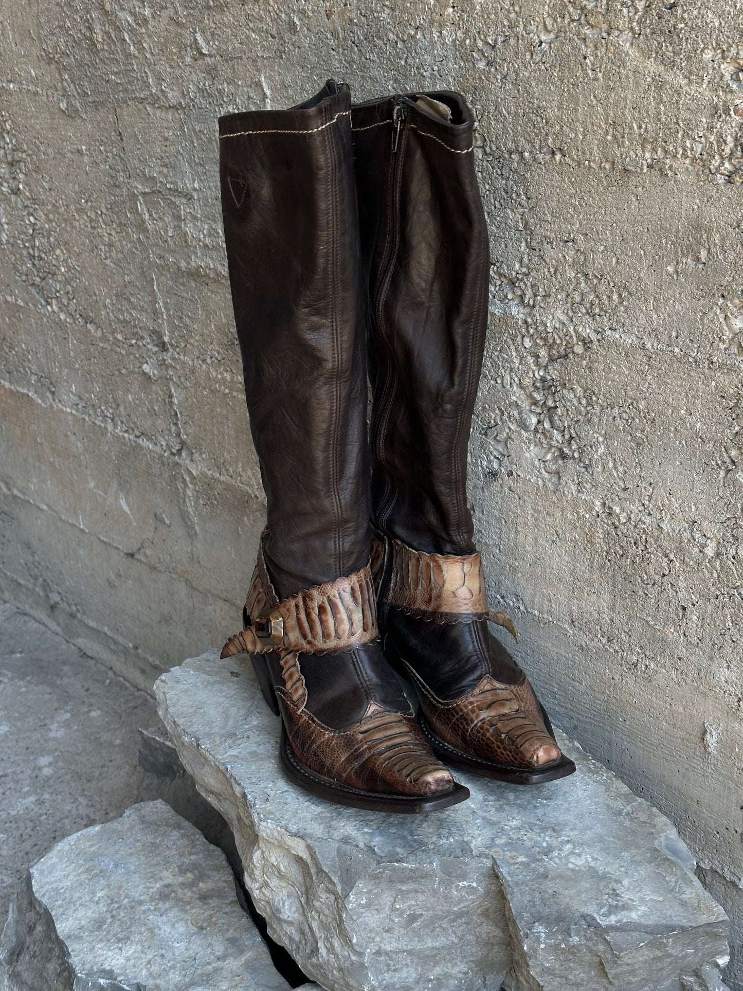 SNAKESKIN WASHED BROWN LEATHER BOOTS