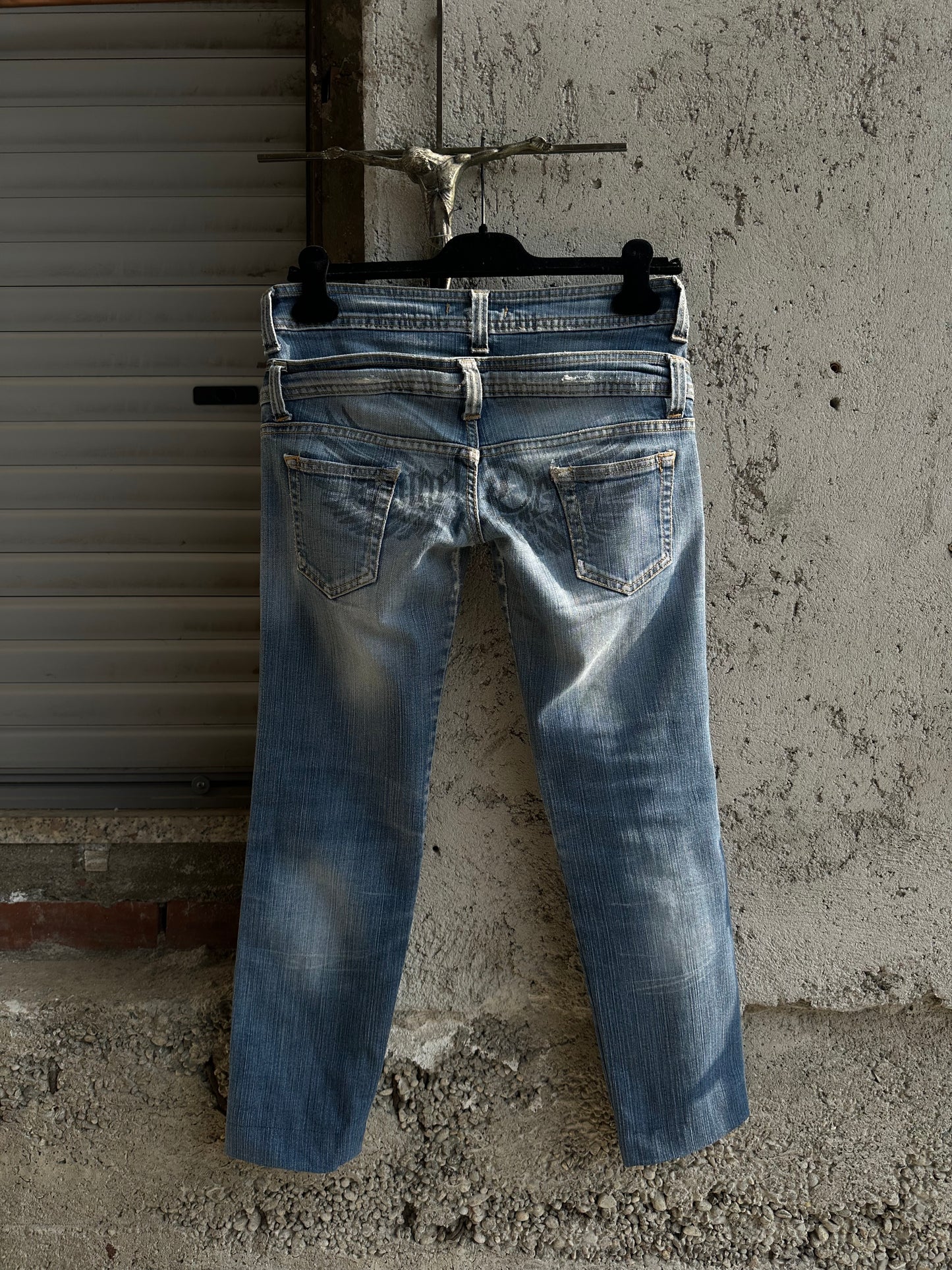 ANGEL AND DEVIL DOUBLE WAISTED DENIM PANTS