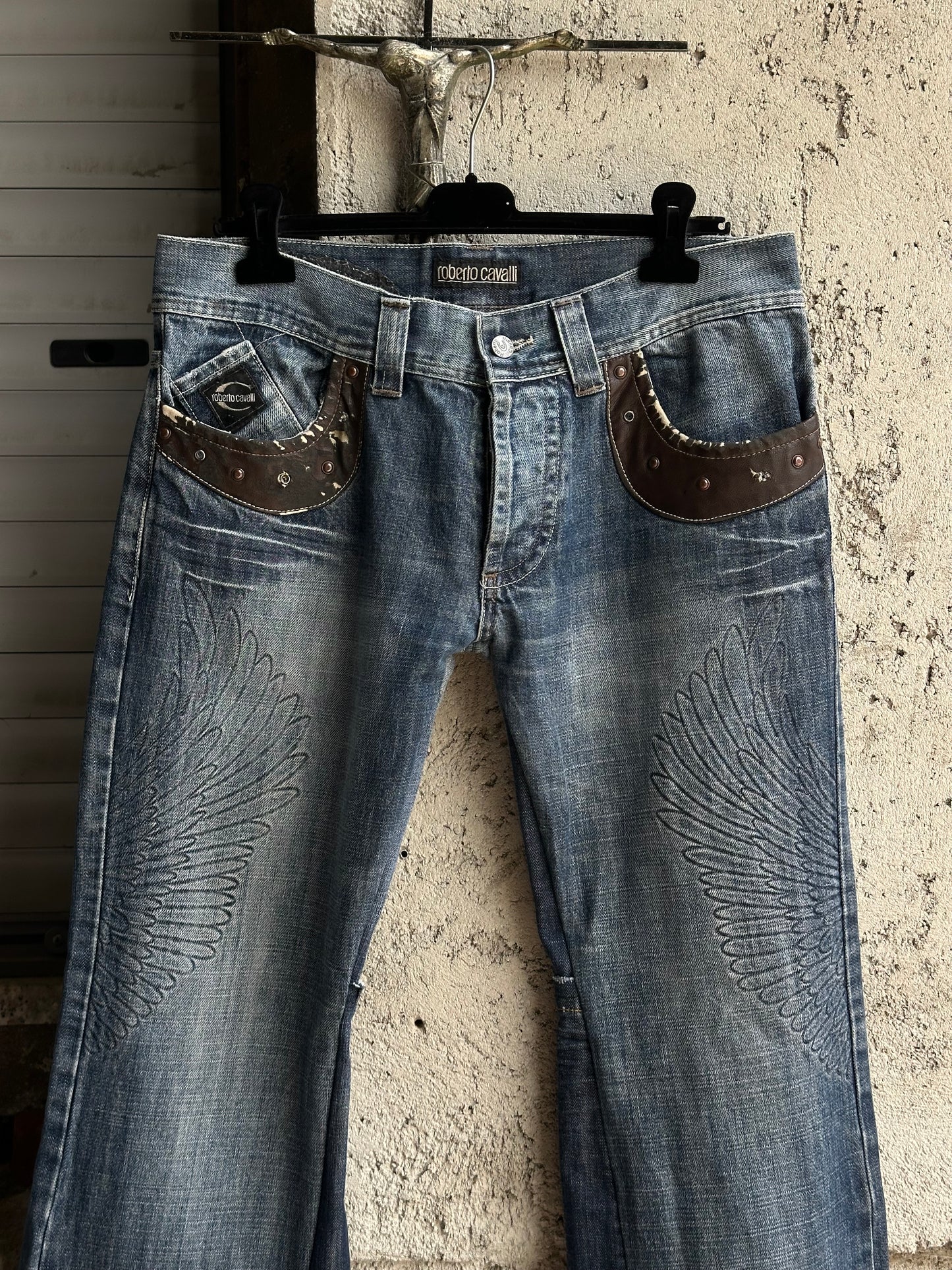 ROBERTO CAVALLI FLARED DENIM WITH BRWON LEATHER AND SUEDE