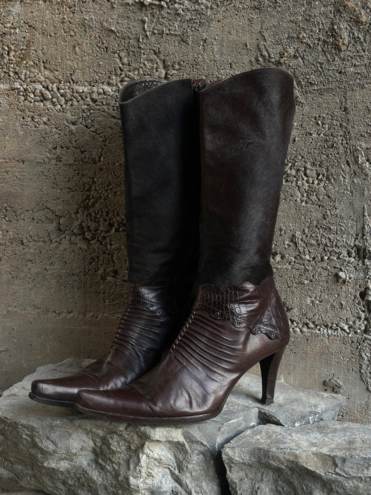 BALENCIAGA CROCO PONYHAIR LEATHER BOOTS