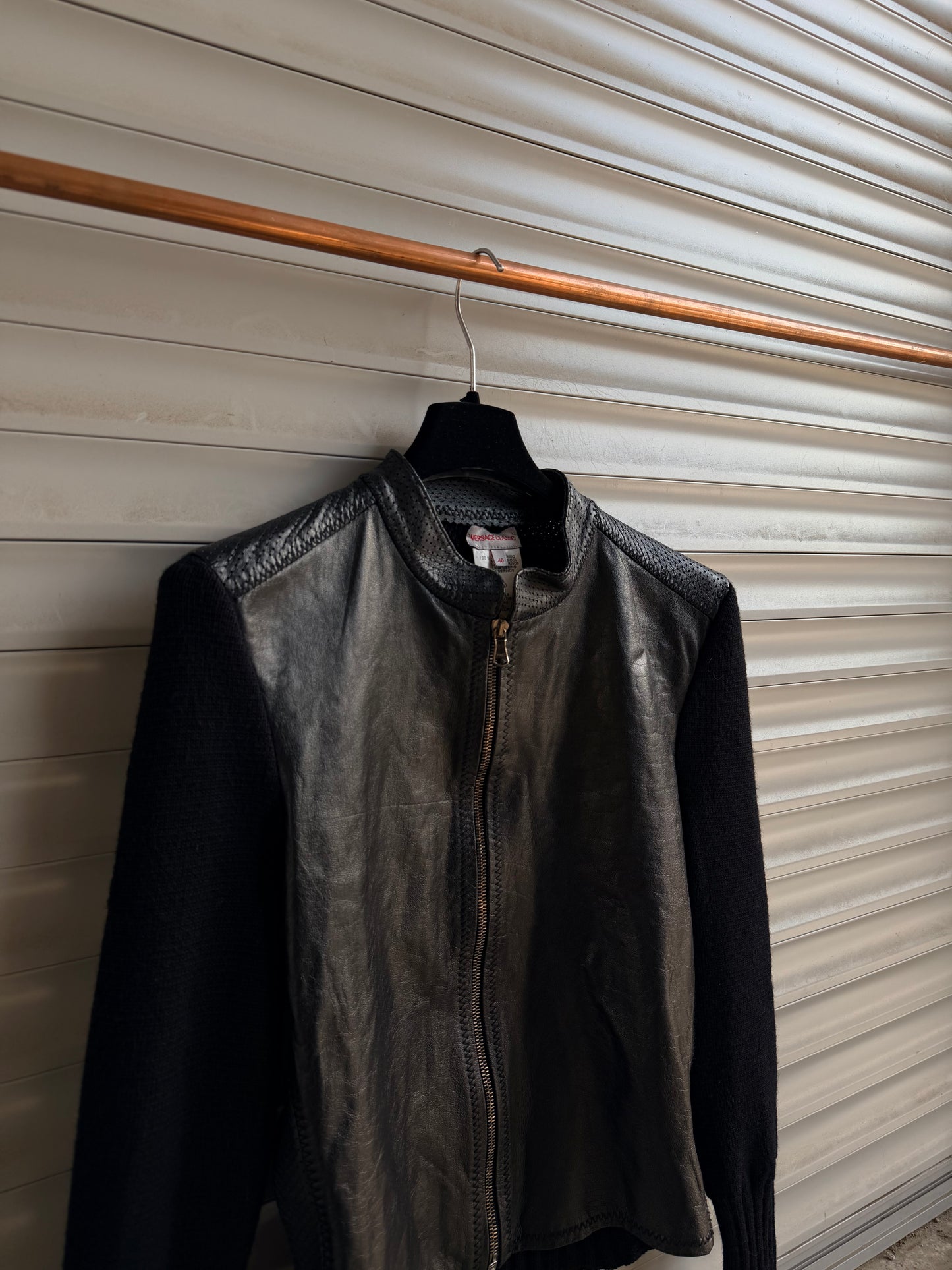 VERSACE HYBRID WOOL & LEATHER CARDIGAN
