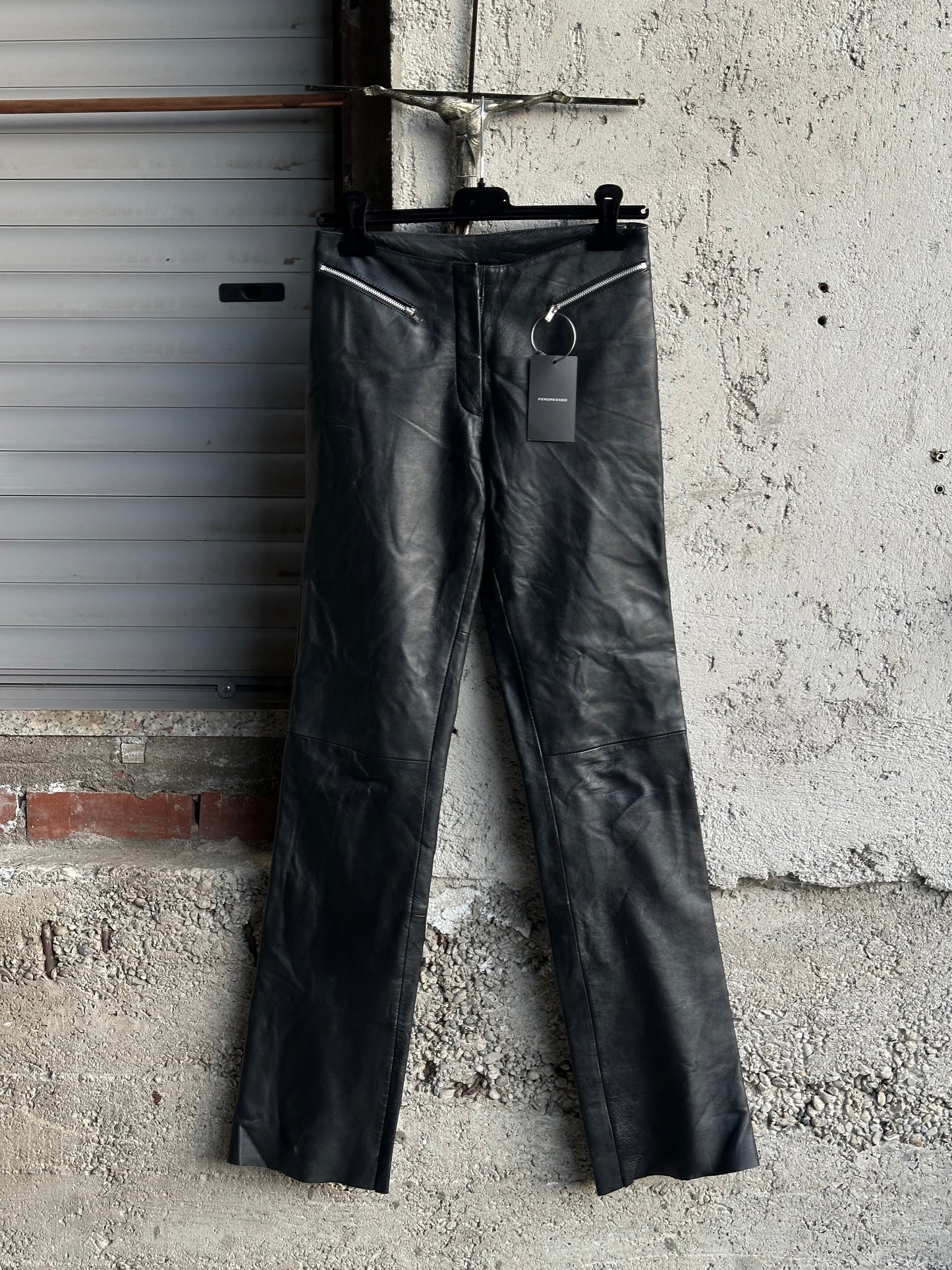 BLACK LEATHER FLARED PANTS