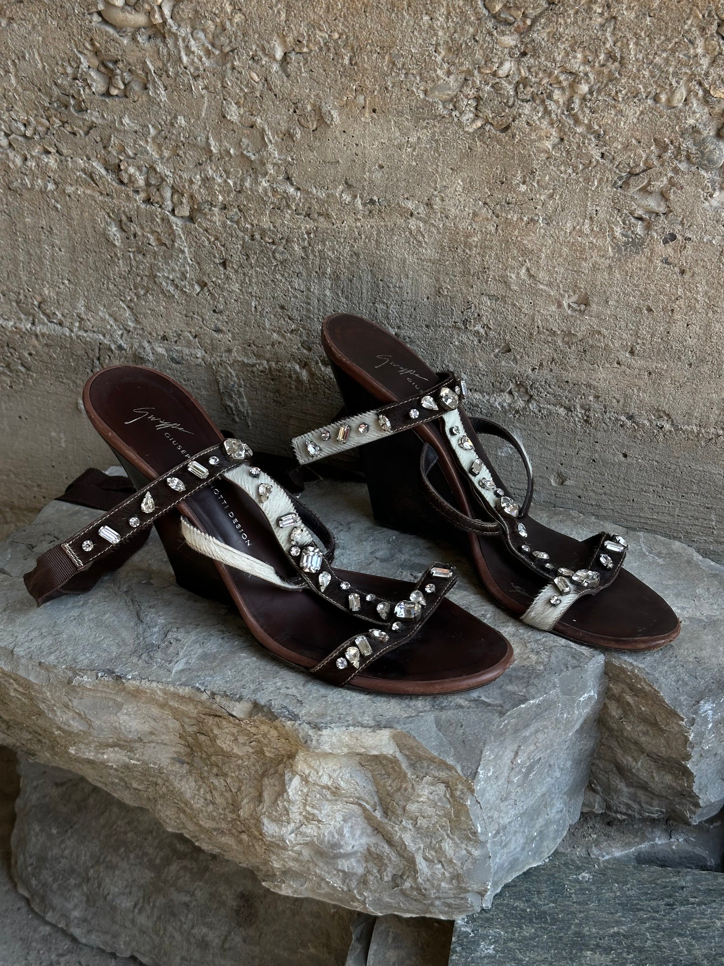 GIUSEPPE ZANOTTI WEDGE PONYHAIR GLADIATOR SANDALS
