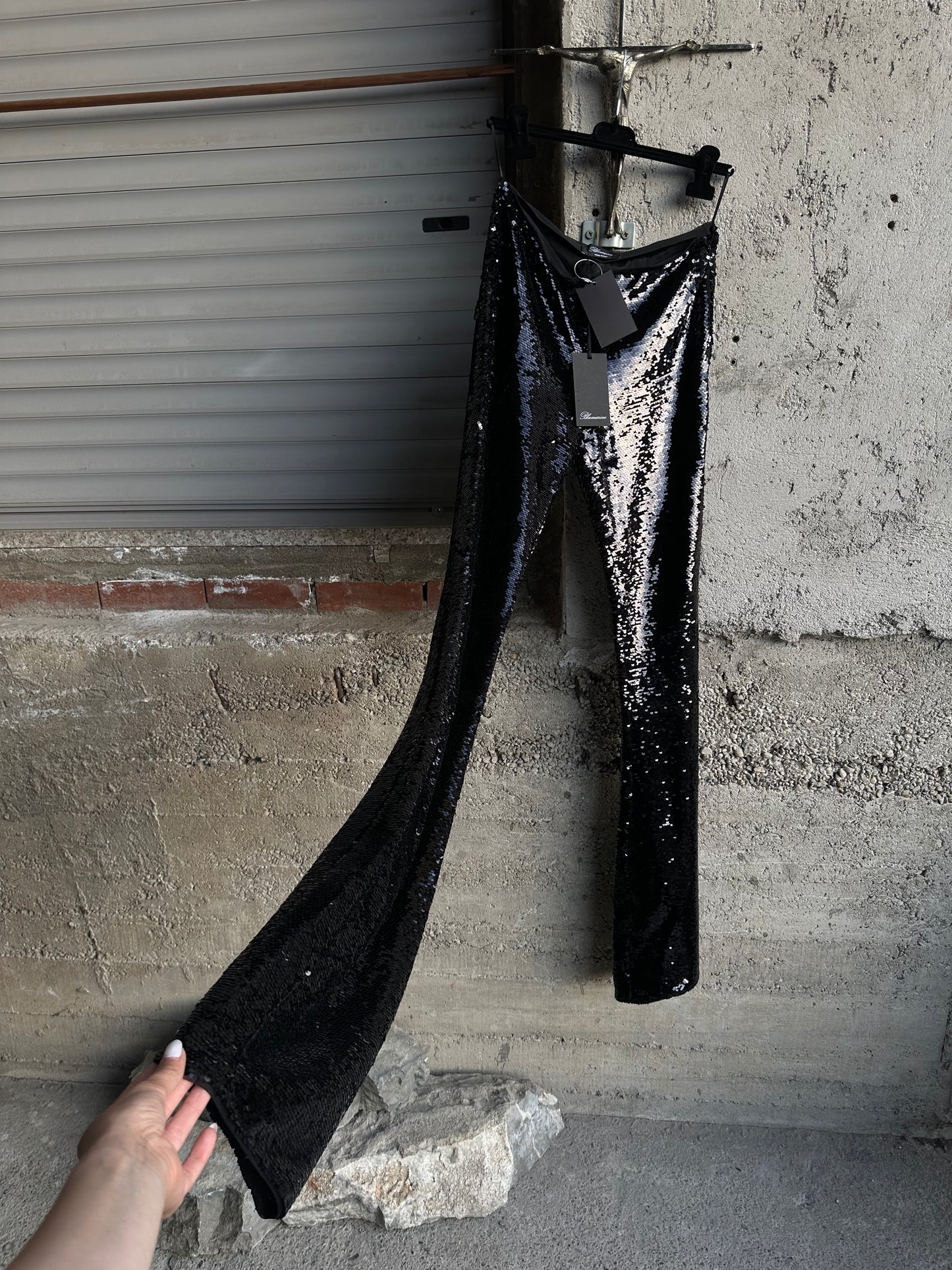 BLUMARINE PAILLETTES FLARED BLACK PANTS