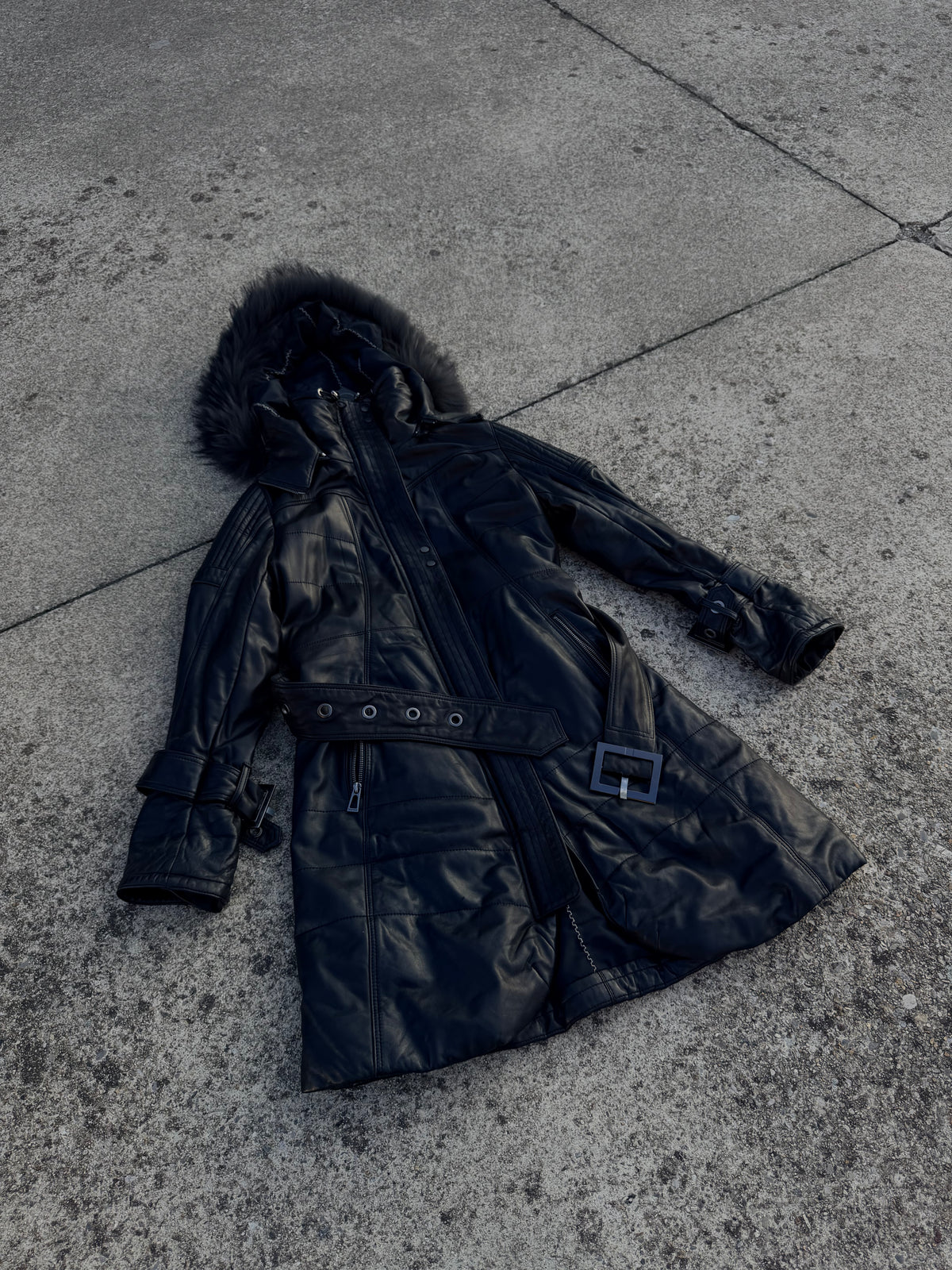 MOTOR LEATHER HOODED FUR COAT