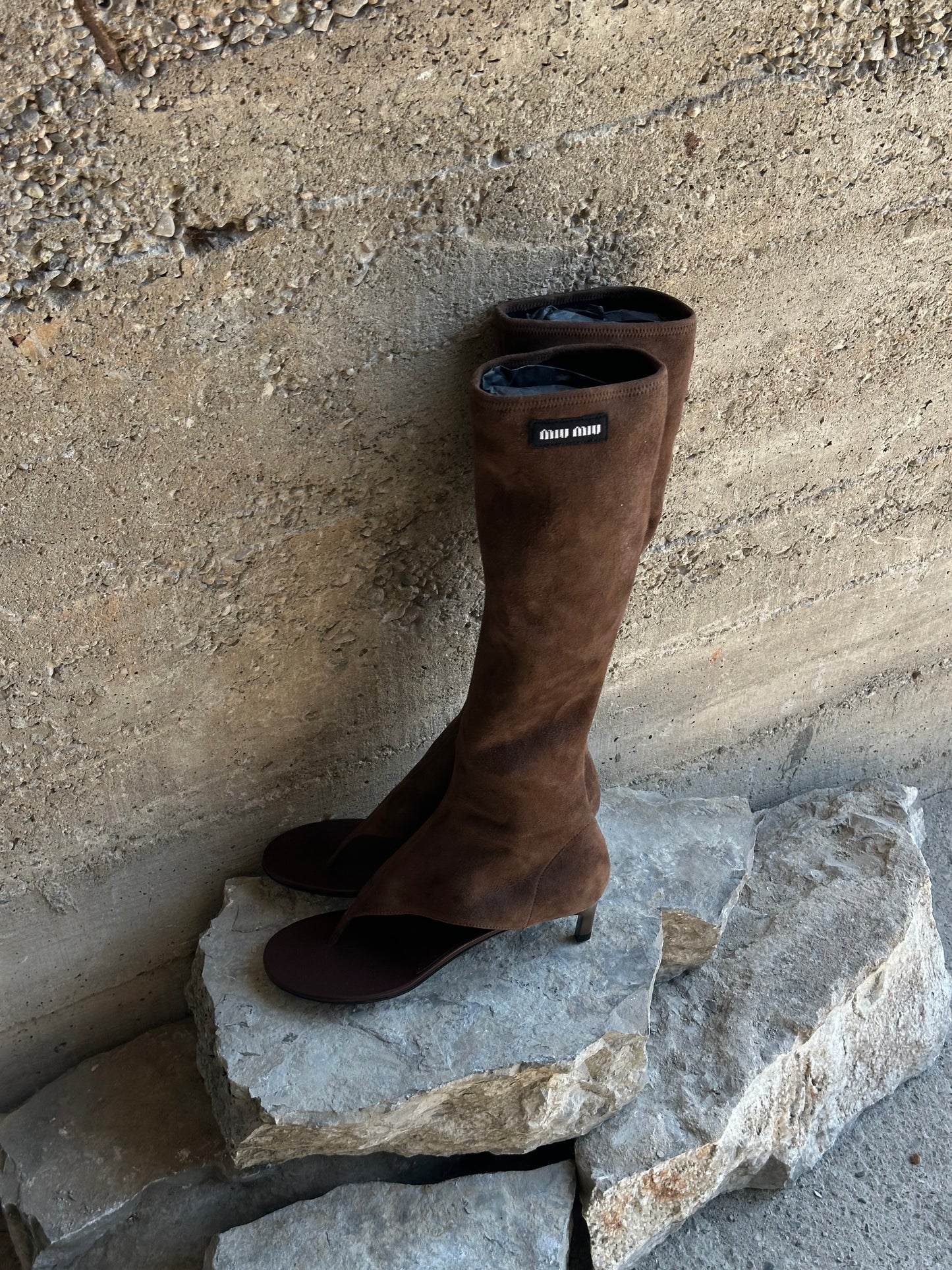 MIU MIU BROWN SUEDE THONG BOOTS