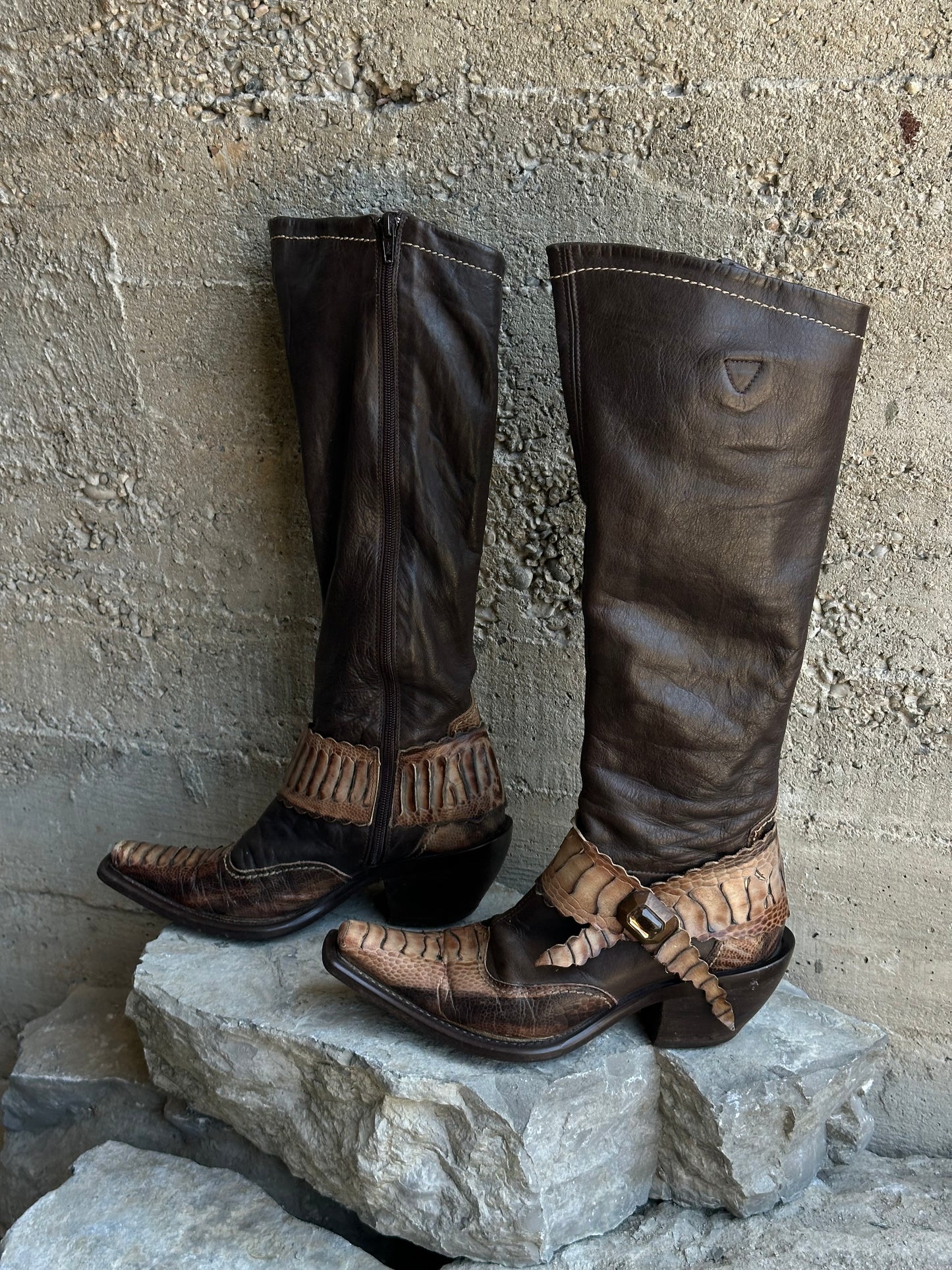 SNAKESKIN WASHED BROWN LEATHER BOOTS