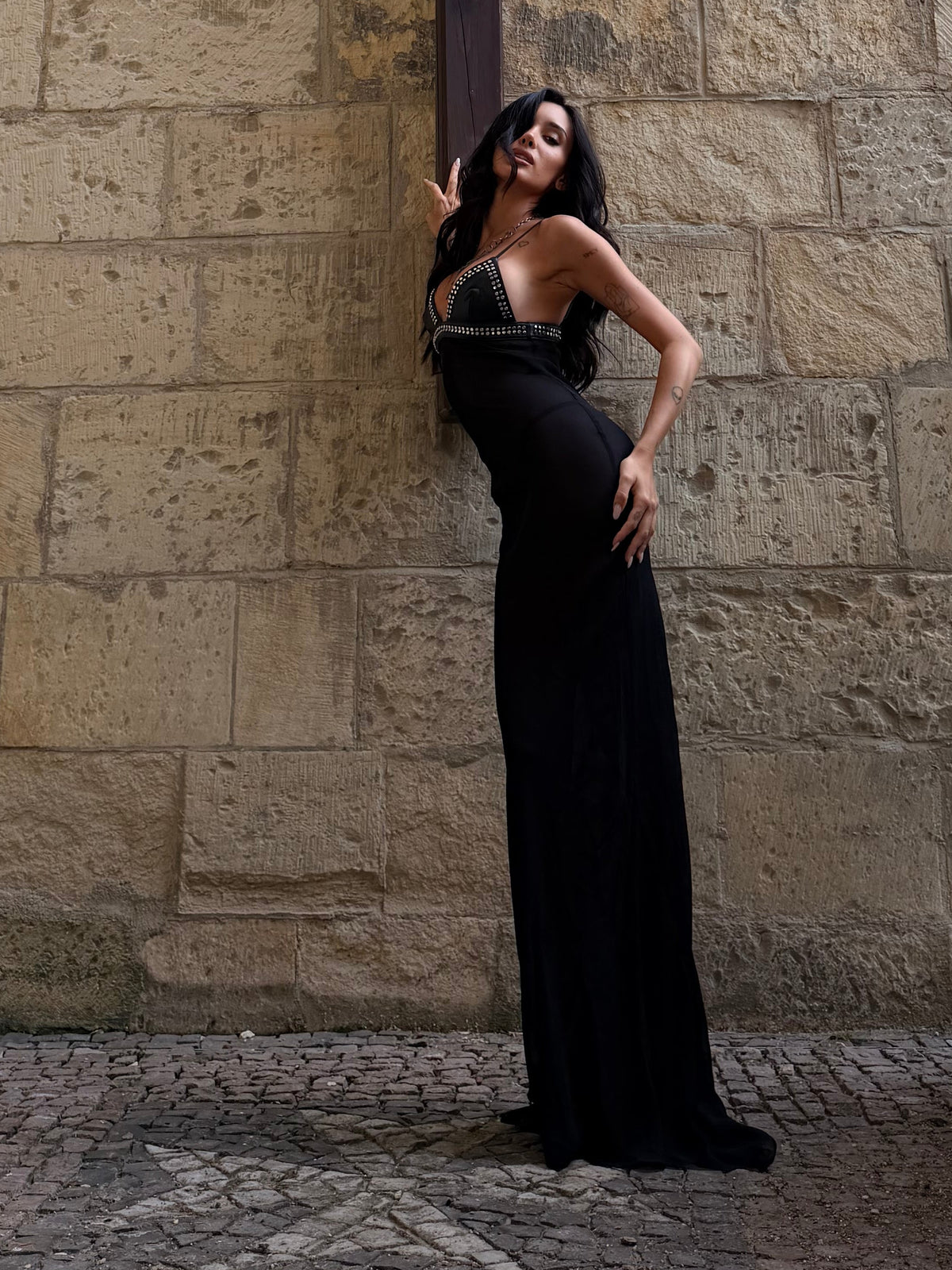 SEETHROUGH STUDDED LEATHER DRESS